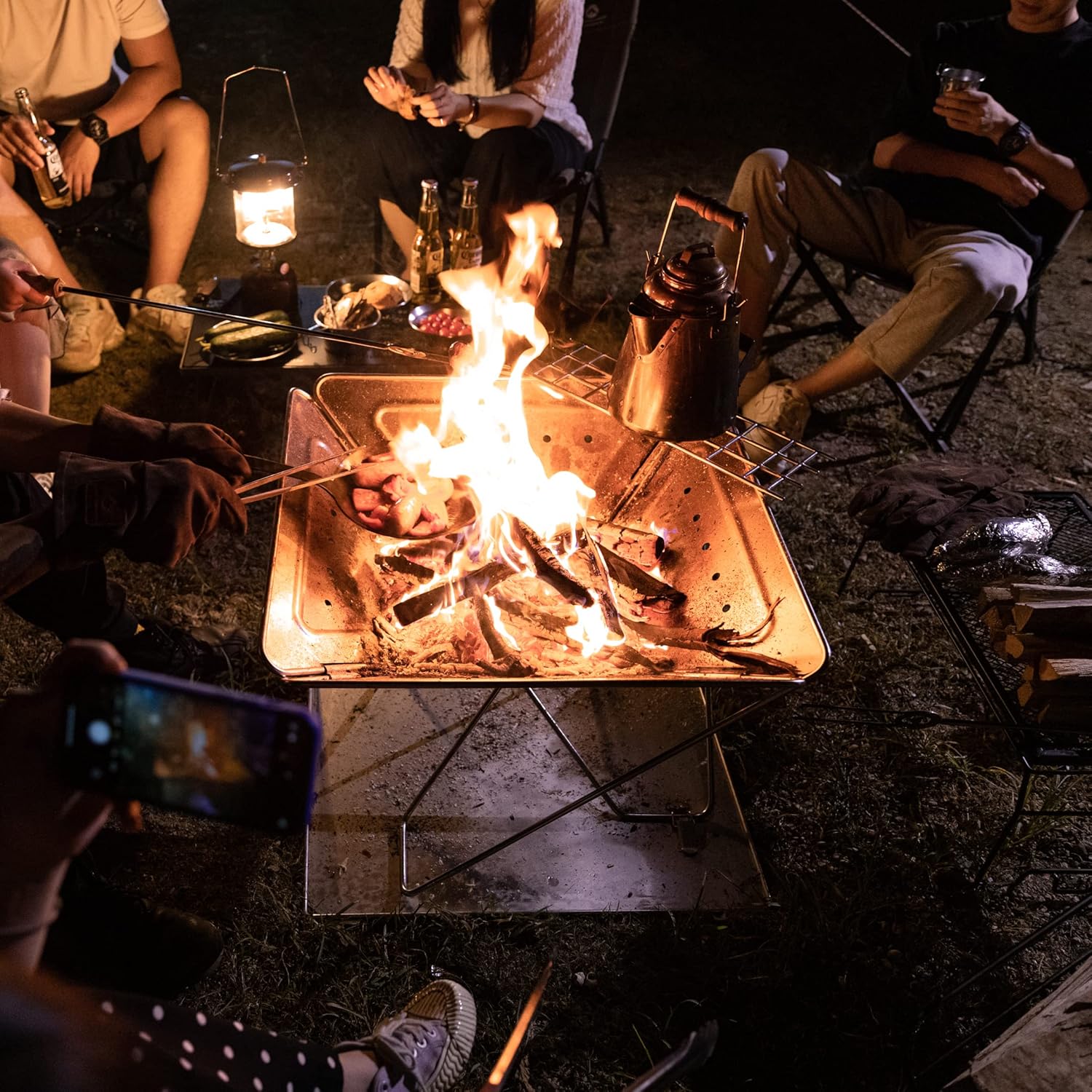 CAMPINGMOON Foldable Heavy Large Fire Pit Charcoal Wood Burning 24-inch Stainless Steel MT-065-FT with Duty Storage Bag