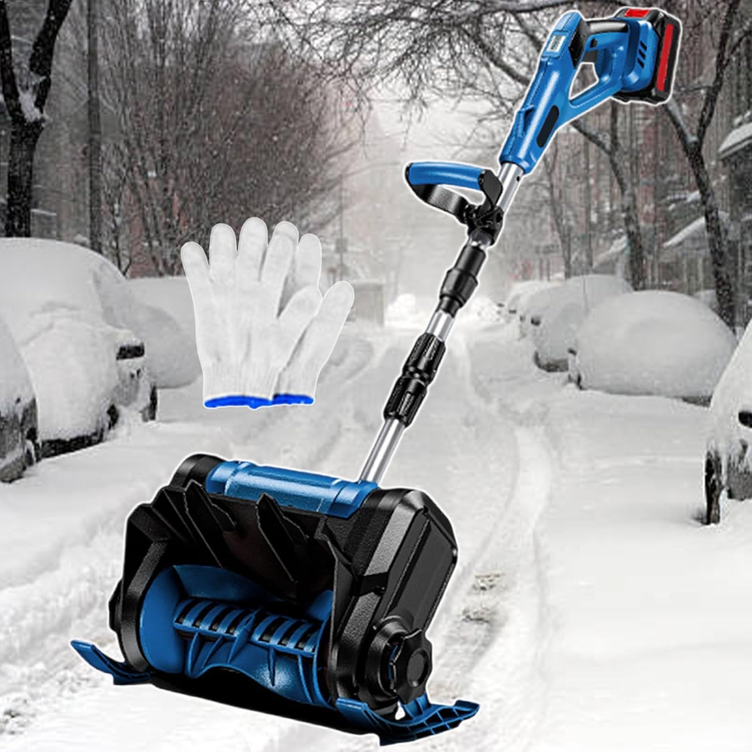 Cordless Snow Shovel,Handheld Electric Snow Blower,Rechargeable Outdoor Snow Thrower 8m Throwing Distance,3 Directions Adjustment, for Yard (Blue 2batteries)