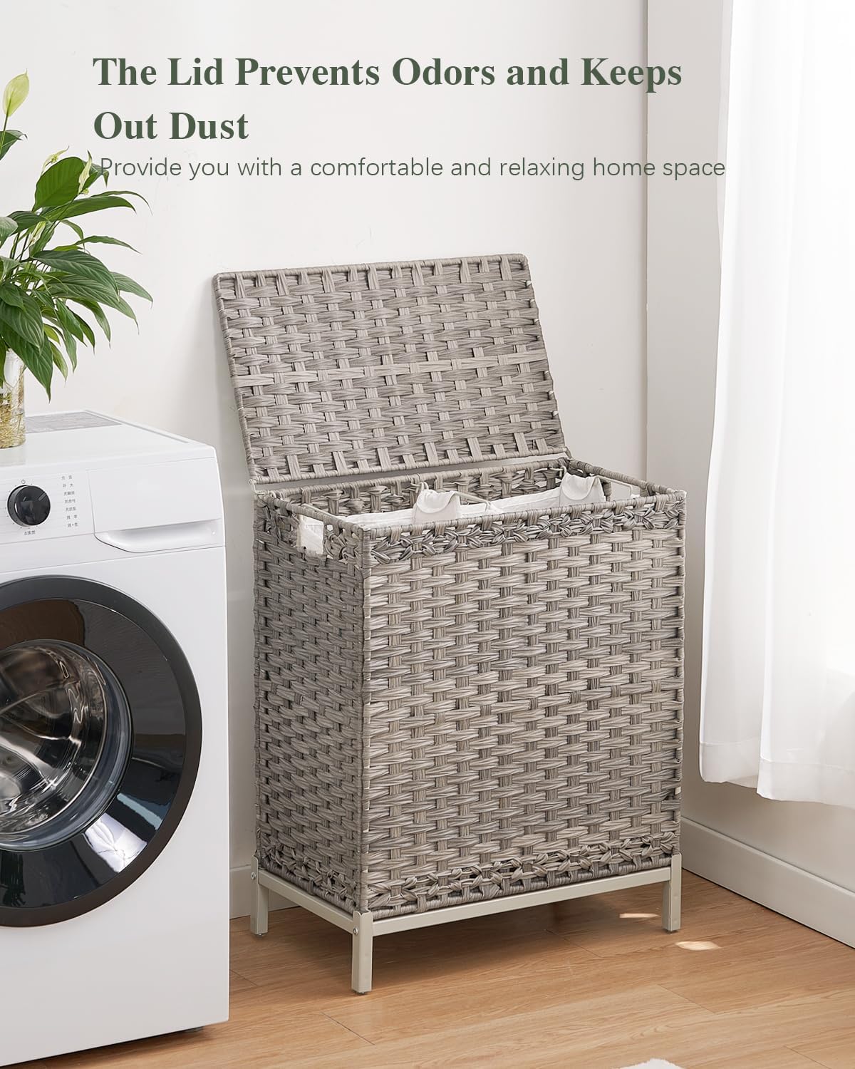 Laundry Hamper with Lid, 112 L Handwoven Rattan Wicker Laundry Basket, 2 Removable Liner Bags Metal Heightened Feet, 6 Mesh Bags, 2 Section Large Clothes Hamper for Bathroom Bedroom, Gray