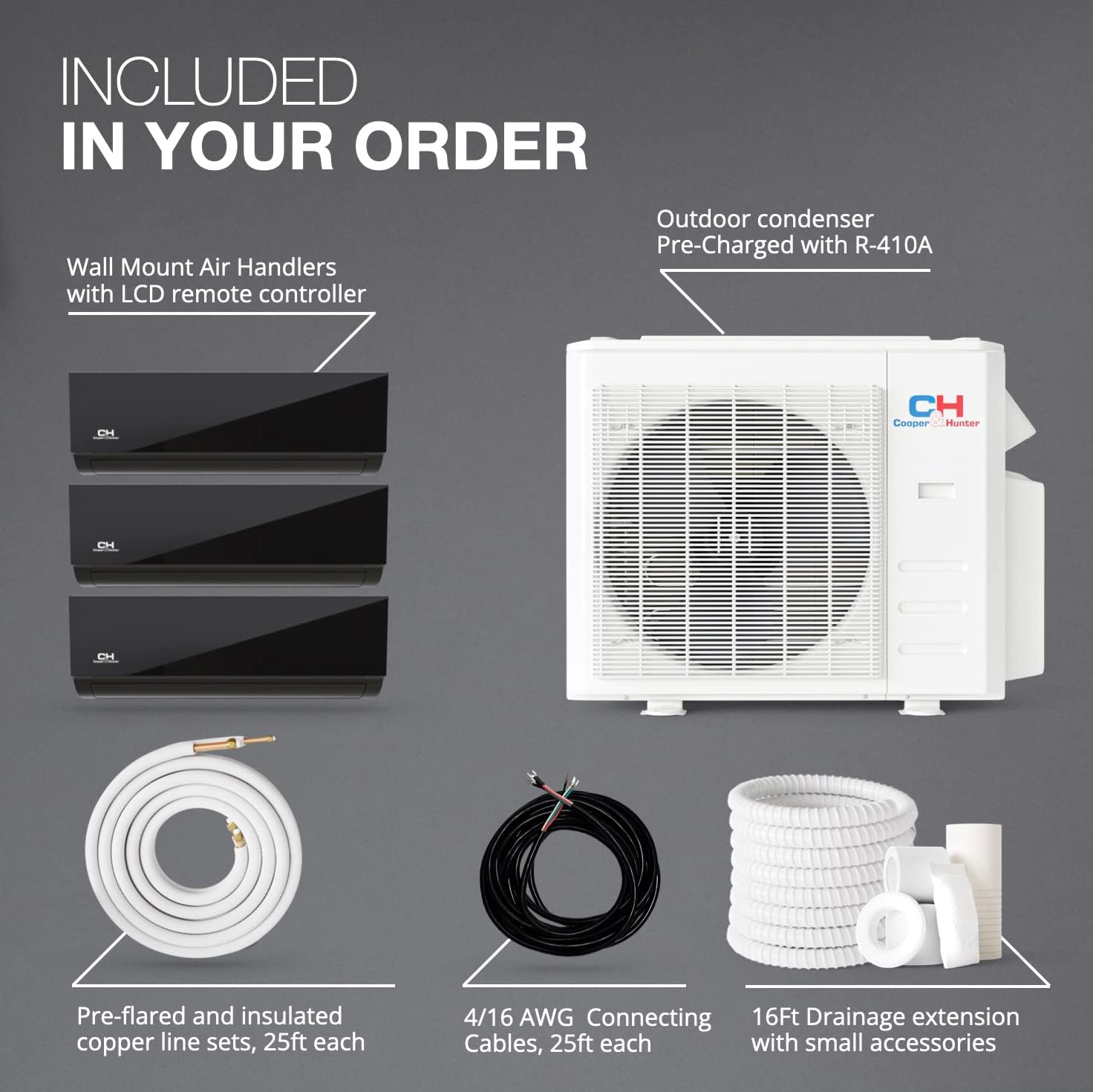 Cooper&Hunter 28,000 BTU Olivia Series, Midnight Edition, Tri Zone 6000 + 6000 + 6000 BTU Wall Mount Air Handlers Ductless Mini Split A/C and Heater Including Installation Kits