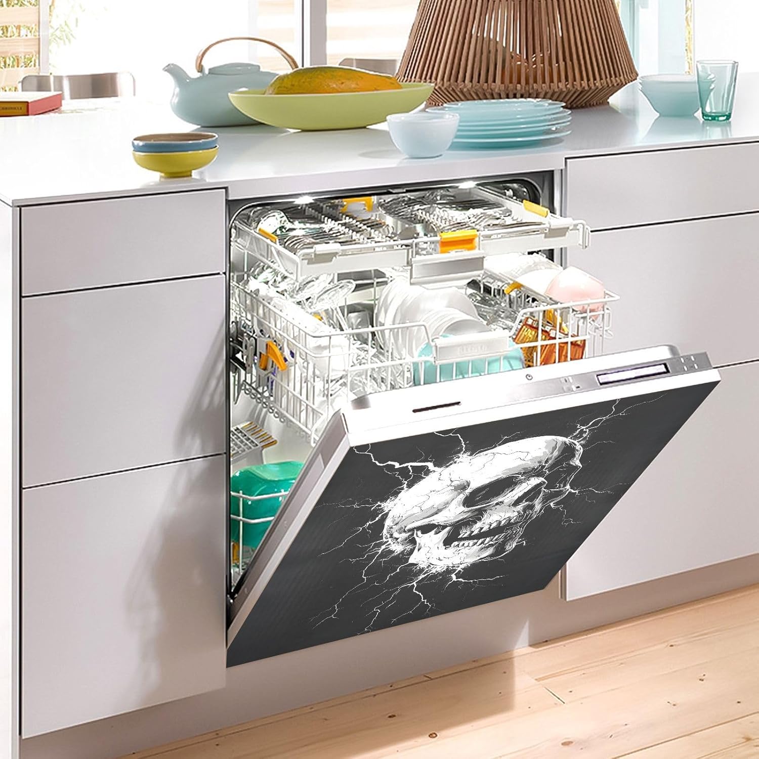 Dishwasher Magnet Cover Large Magnetic Stickers Lightning White Skull Front Dishwasher Cover Reusable Decal for Home Kitchen Anti-Scratch Refrigerator Decorative Lid Washing Machine Laundry 23