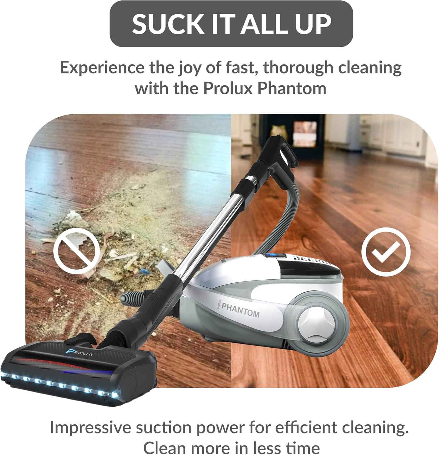 Prolux Phantom Canister PET Vacuum Cleaner, Wessel Werk EBK250 Power Nozzle, Quick Clean, Lightweight, HEPA Filter, Adjustable Suction, Cleans All Surfaces