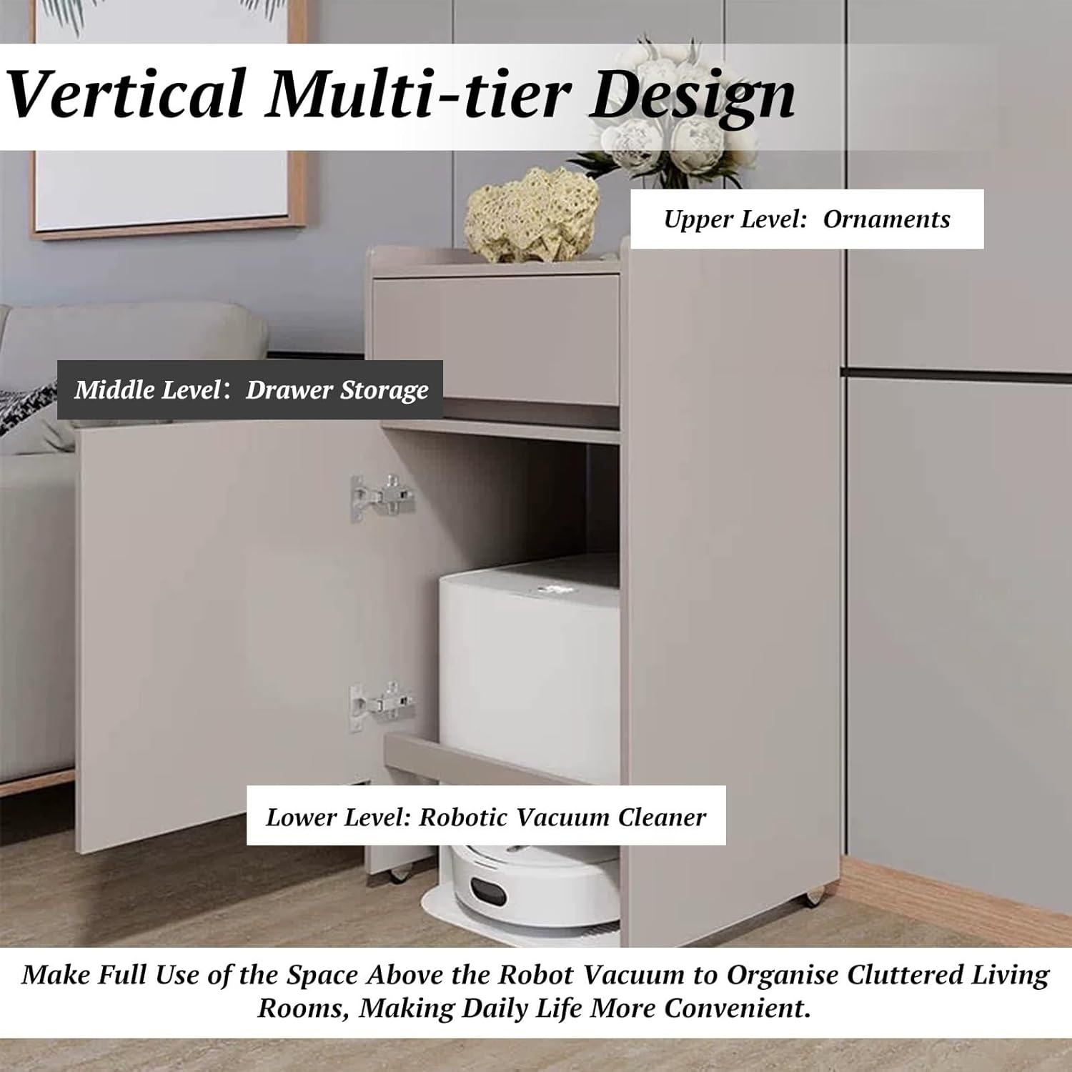 Mobile Sweeper Robot Storage Cabinet Shelf Narrow Corner Hidden Robot Vacuum Stand Storage Cabinet with Wheels Wood Freestanding Rack Space Saver for Home Office(Natural)