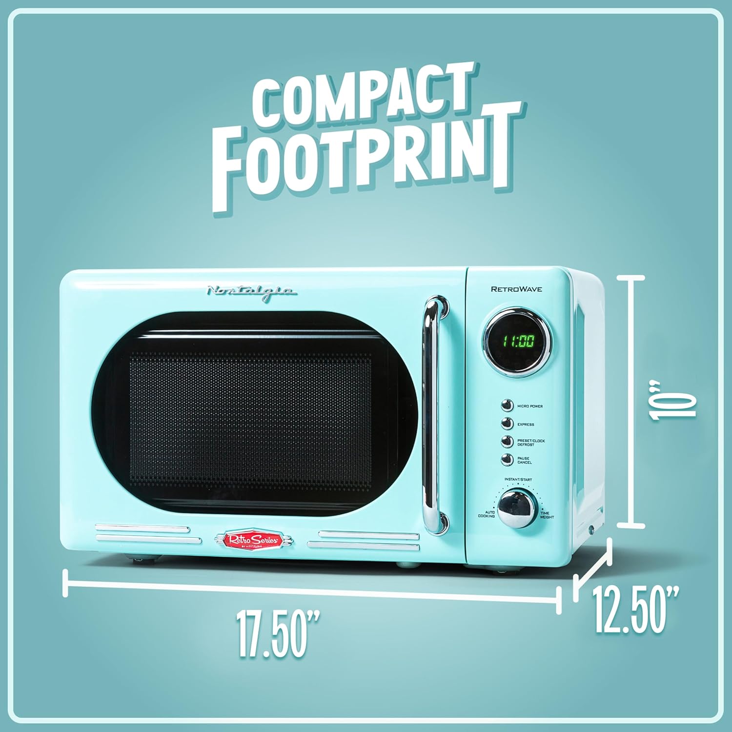 Nostalgia Retro Compact Countertop Microwave Oven, 0.7 Cu. Ft. 700-Watts with LED Digital Display, Child Lock, Easy Clean Interior, Aqua