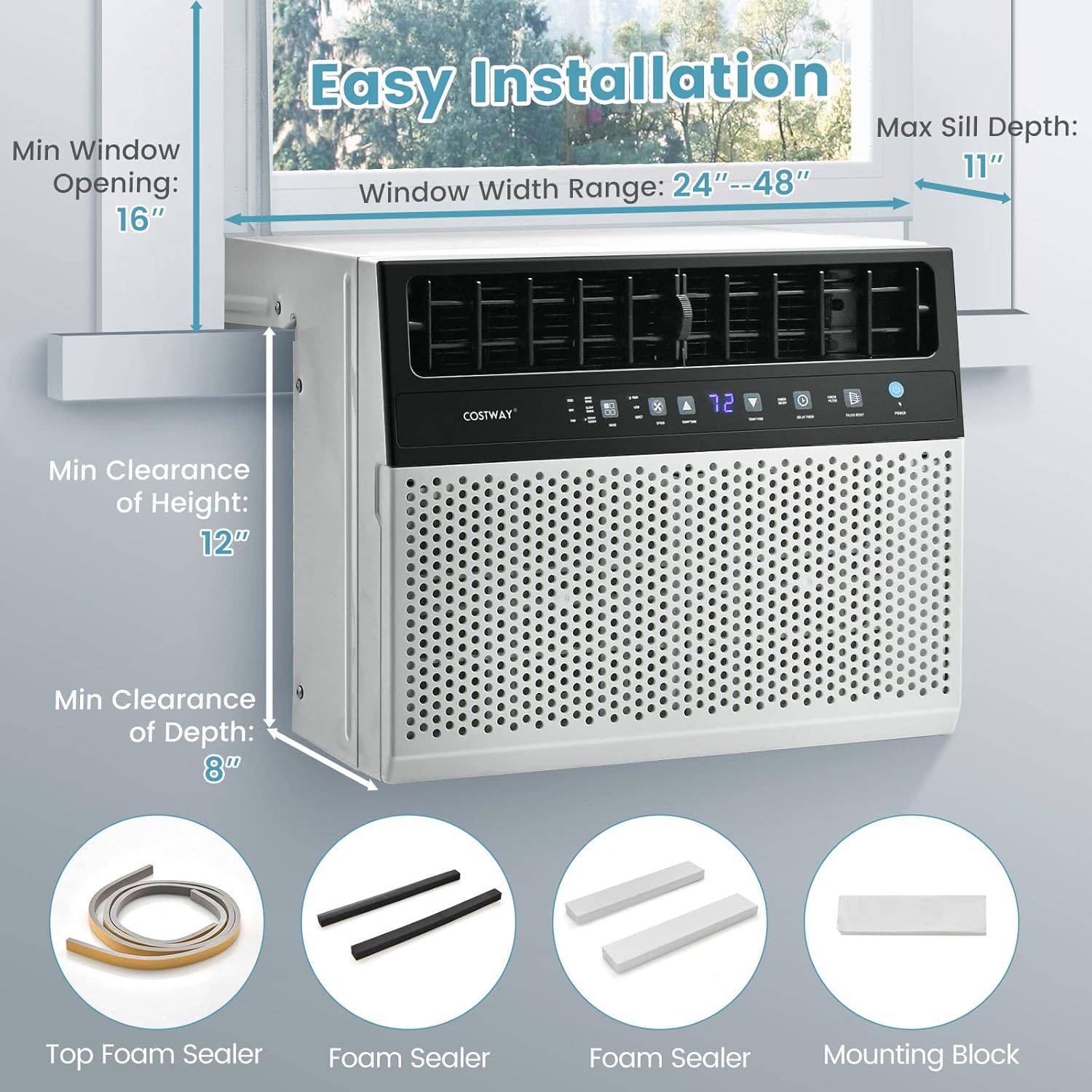 COSTWAY 12000 BTU Window Air Conditioner, Over the Sill AC with Energy Saver Modes, Handy Remote, Touchable LED Control Panel, up to 400 Sq.Ft. Window AC Unit, Ultra Quiet Operation
