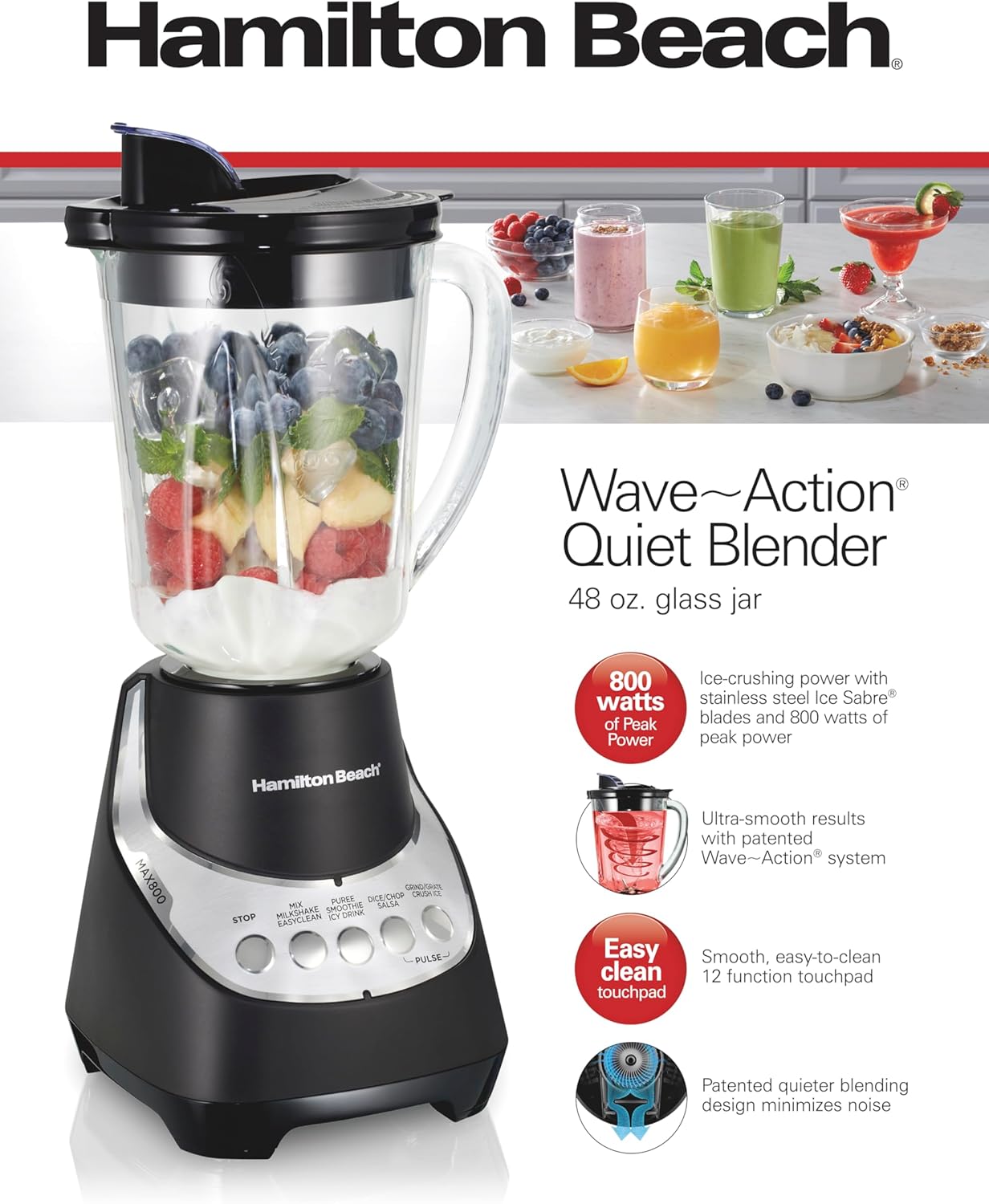 Wave Action Quiet Blender - 48 oz. Glass Jar - 12 Blending Functions - Black - Countertop Blender - Blade Material: Stainless Steel - 800 Watts