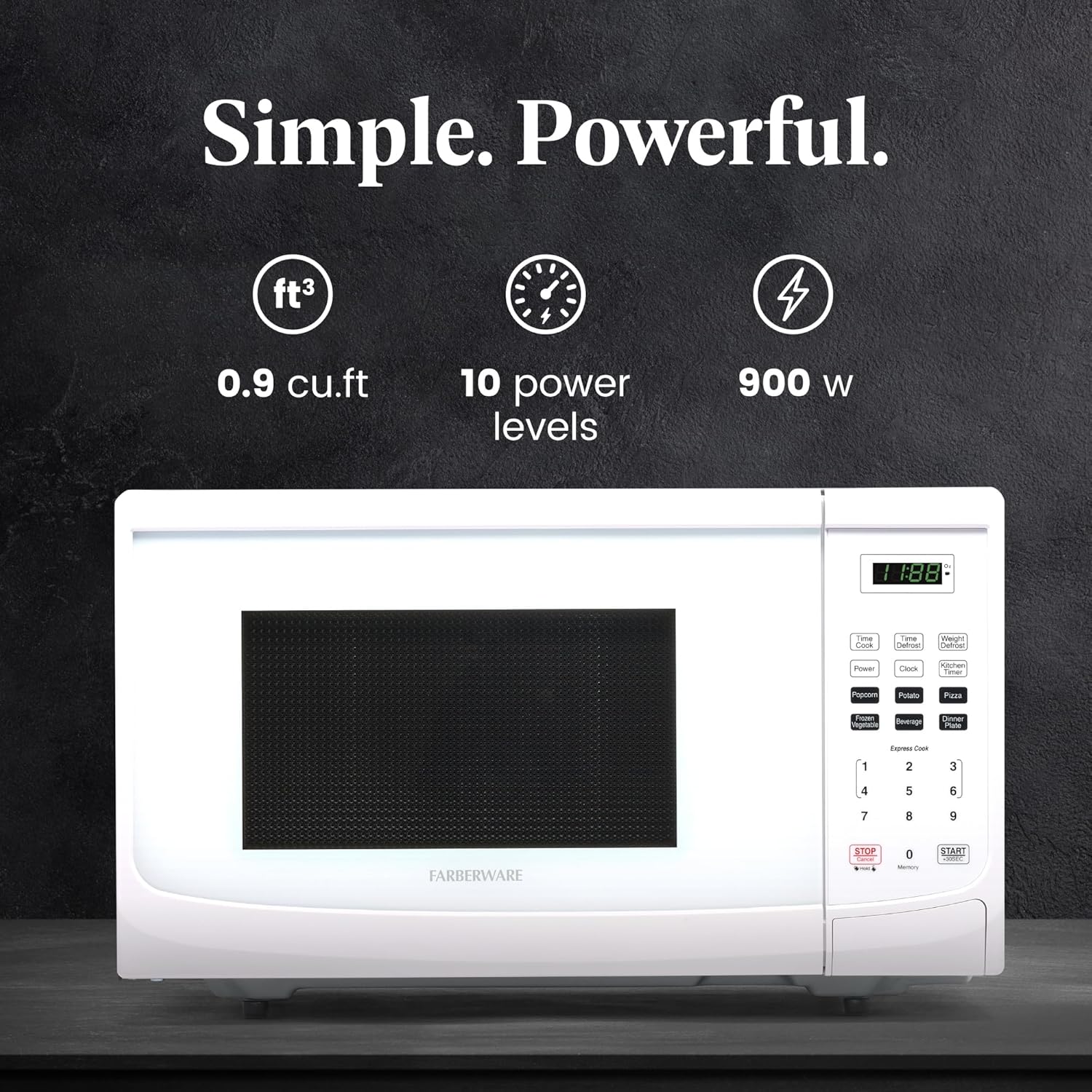 Farberware 0.9 Cu. Ft. Countertop Microwave Oven – 900 Watts Power, Auto Cook Settings, Defrost, Easy Clean and Child Safety Lock - White