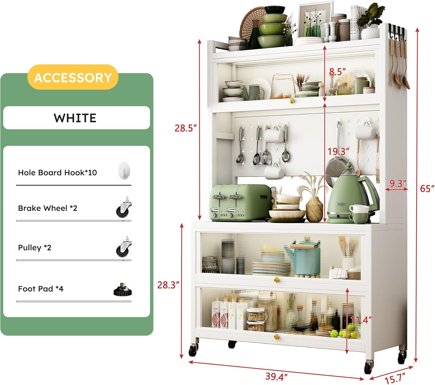 65'' Kitchen Pantry Storage Cabinet, Storage & Microwave Oven Countertop, Pantry Cabinets with 3 Doors and 4 Layers Hole Plate Versatile Storage for Kitchen, Living Room, Dining Room