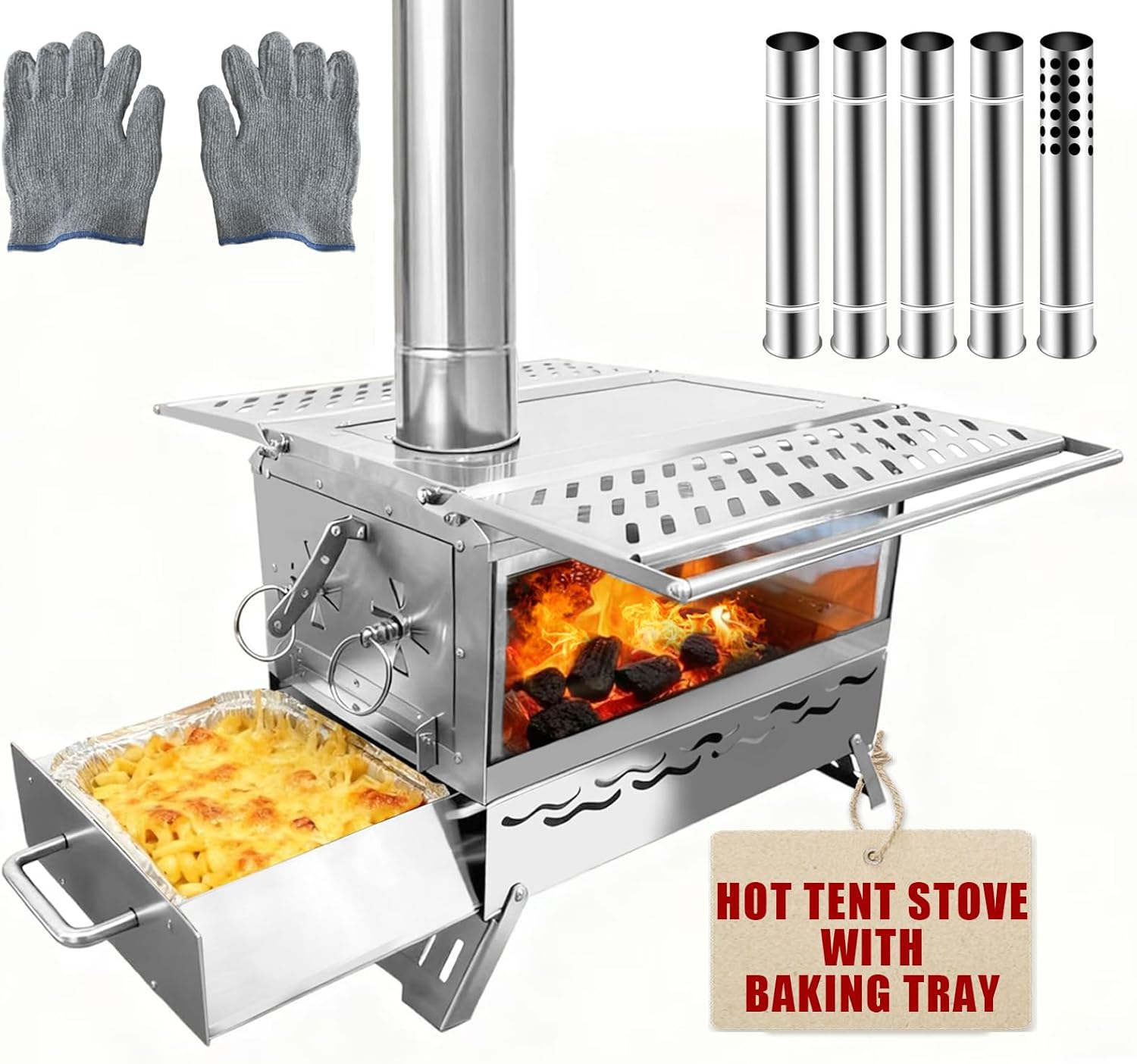 Hot Tent Stove, One-piece Molded Wood Burning Stove with Extra Baking Tray, Outdoor Stainless Steel Stove with 6 Chimney Pipes for Outdoor Heating, Cooking, Fishing(Non-Foldable, More Stable)