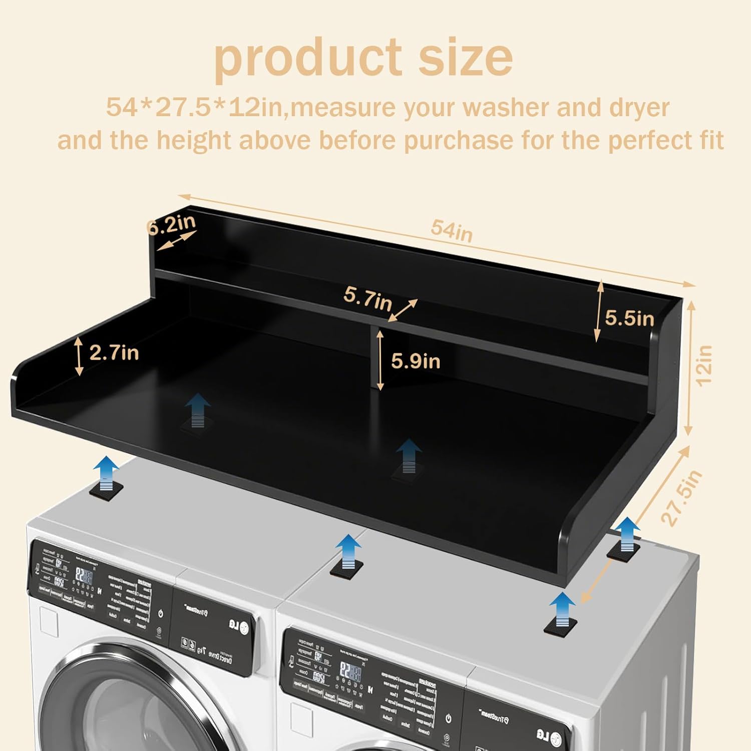 Washer and Dryer Countertop, 2 Tier Laundry Room Wood Countertop with 6*Anti-Slip Mats, Laundry Topper for Washer and Dryer for Folding Clothes, 54