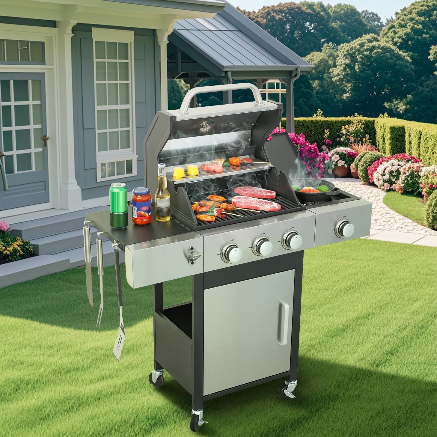 3-Burner Propane Gas Grill with Side Burner, 37,230 BTU Stainless Steel BBQ Grill with Enamel Cast Iron Grates, Warming Rack & Locking Wheels for Outdoor Patio