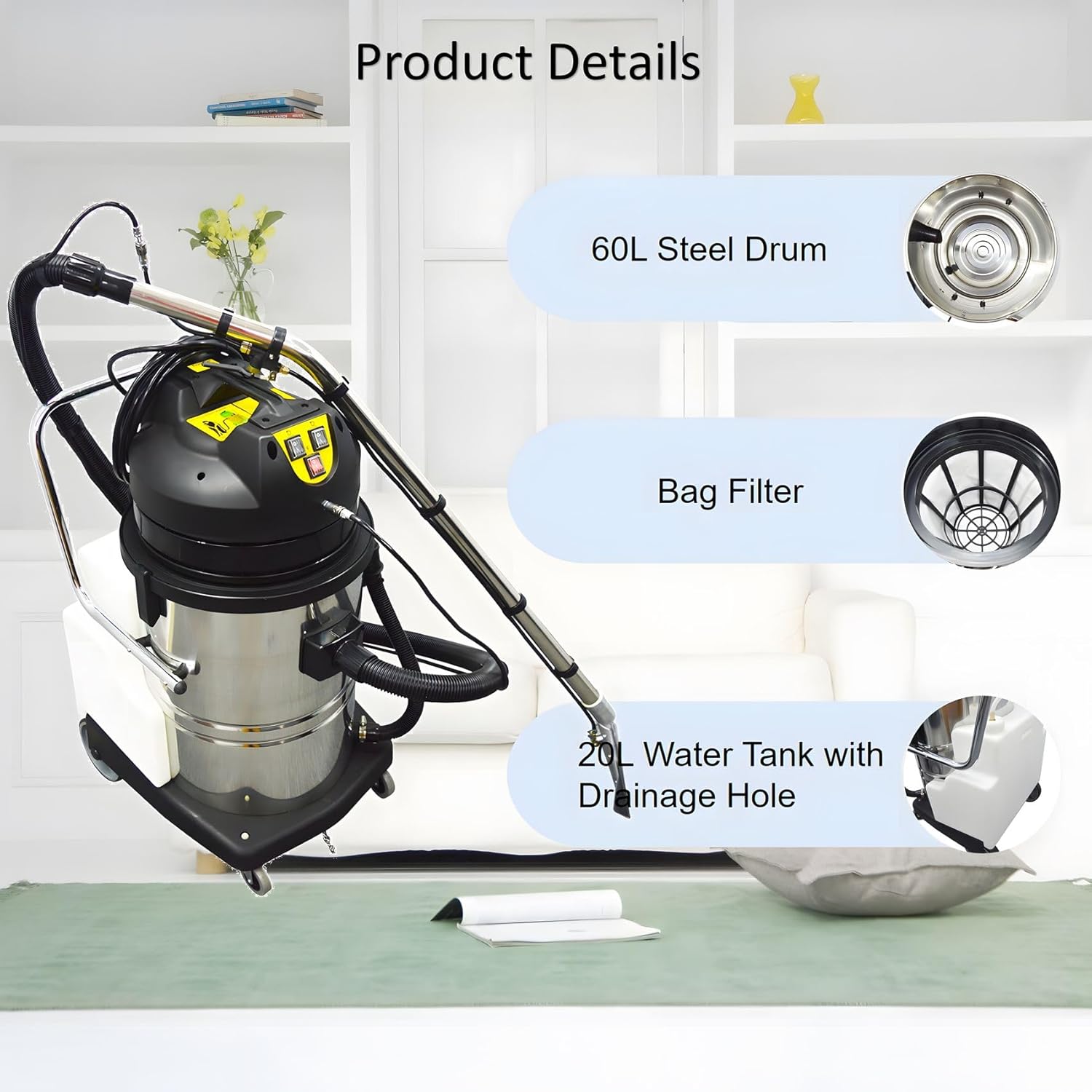 Carpet Extractor Machine 60L 3 in 1 Stainless Steel Hotel Carpet Cleaning Machine 110V 2000W for Corridor, Conference Hall and Restaurant