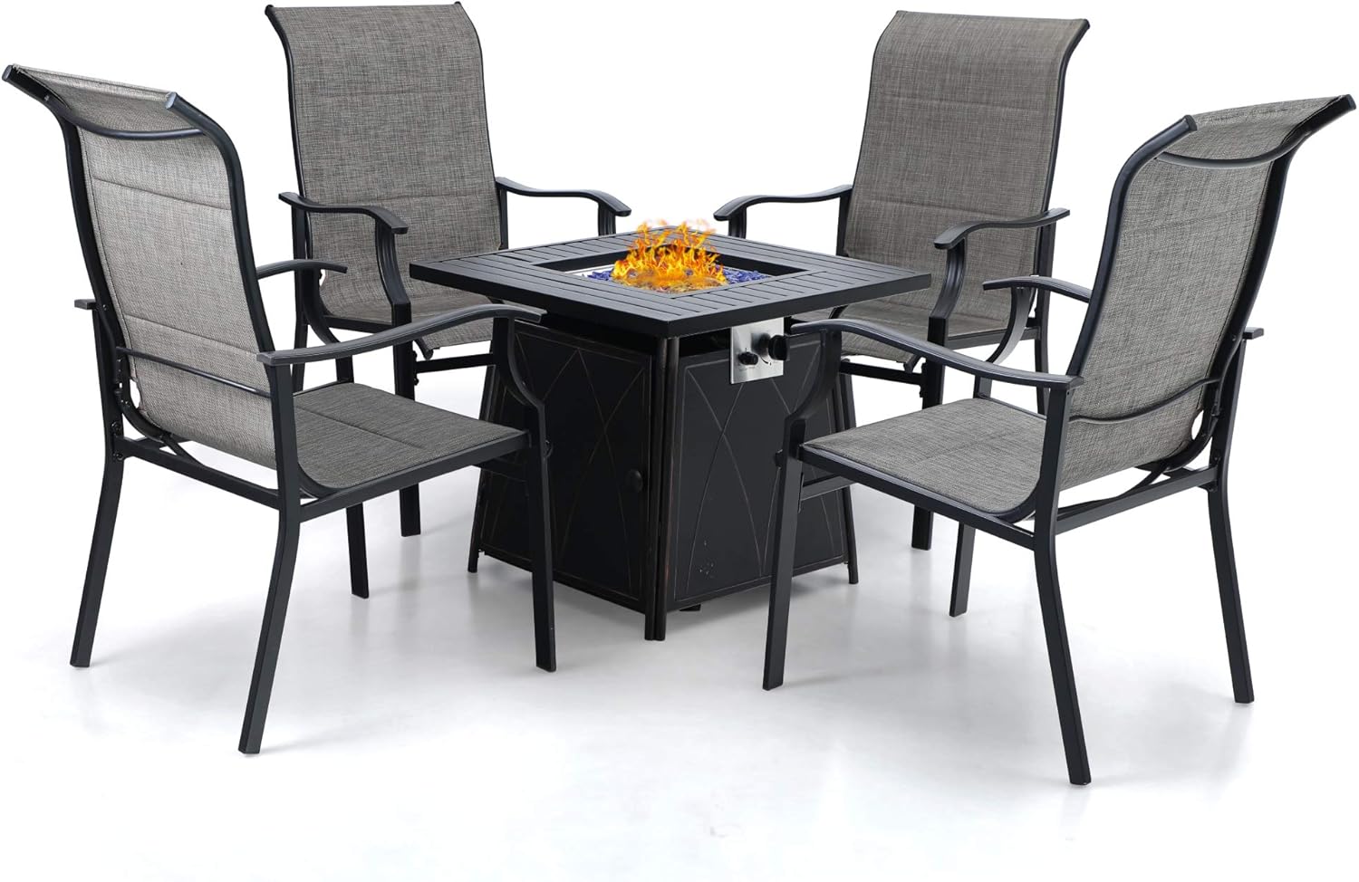 PHI VILLA 28” Gas Fire Pit Table with 4 Patio Sling Chairs, 5 Piece Propane Fire Pit Set with 5Kg Fire Glass, Outdoor Conversation Set for Yard, Patio