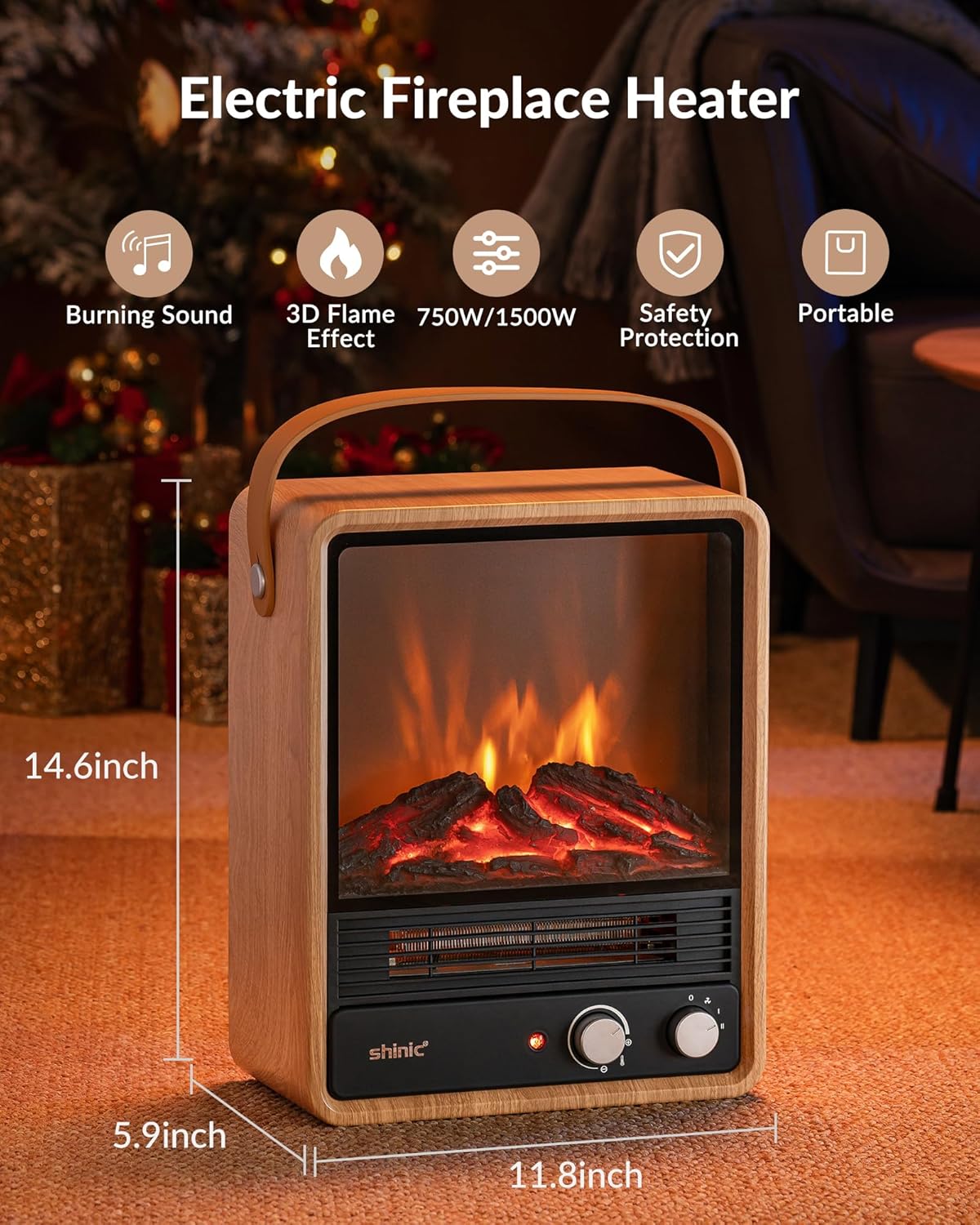 Shinic Electric Fireplace Heaters for Indoor Use,1500W Space Heater with Crackling Sound & 3D Realistic Flame, Safety Protection, Mini Portable Fireplace Heater for Home Christmas Decoration, Walnut