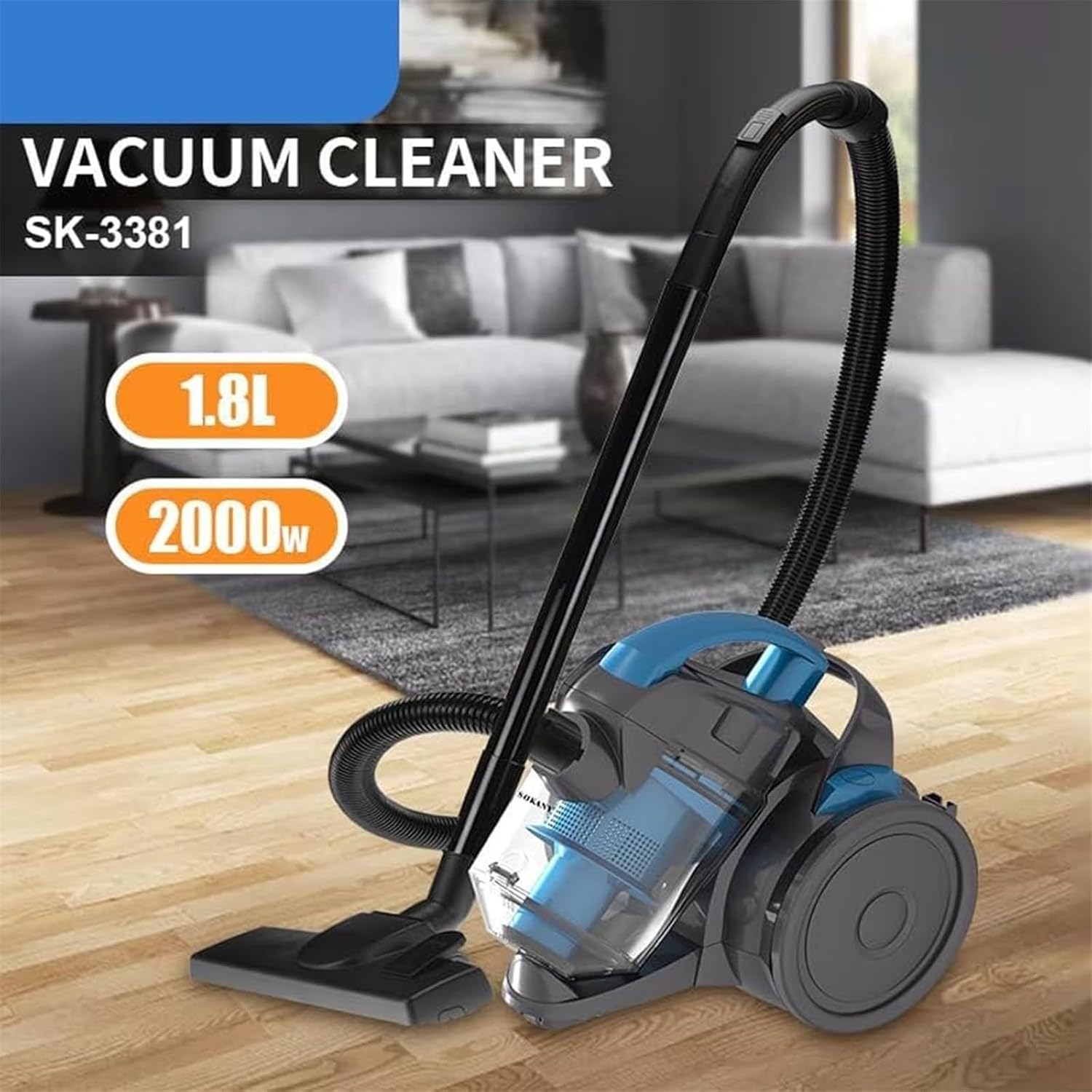 Portable Lightweight Bagless Canister Vacuum Cleaner, 2000W Efficient Motor, Cylinder Cleaner with 1.8L Dust Container for Home, Floors, Tiles, Sofas, Carpets & Cars