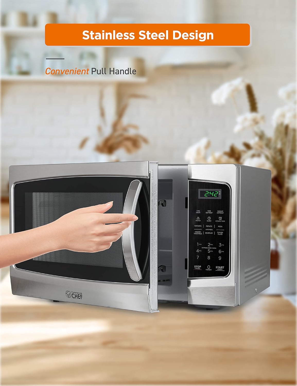 COMMERCIAL CHEF Microwave 1.3 Cu Ft with 10 Power Levels, Microwave with Pull Handle Door Lock, 1000W Countertop Microwave with Timer and Digital Controls, Stainless Steel