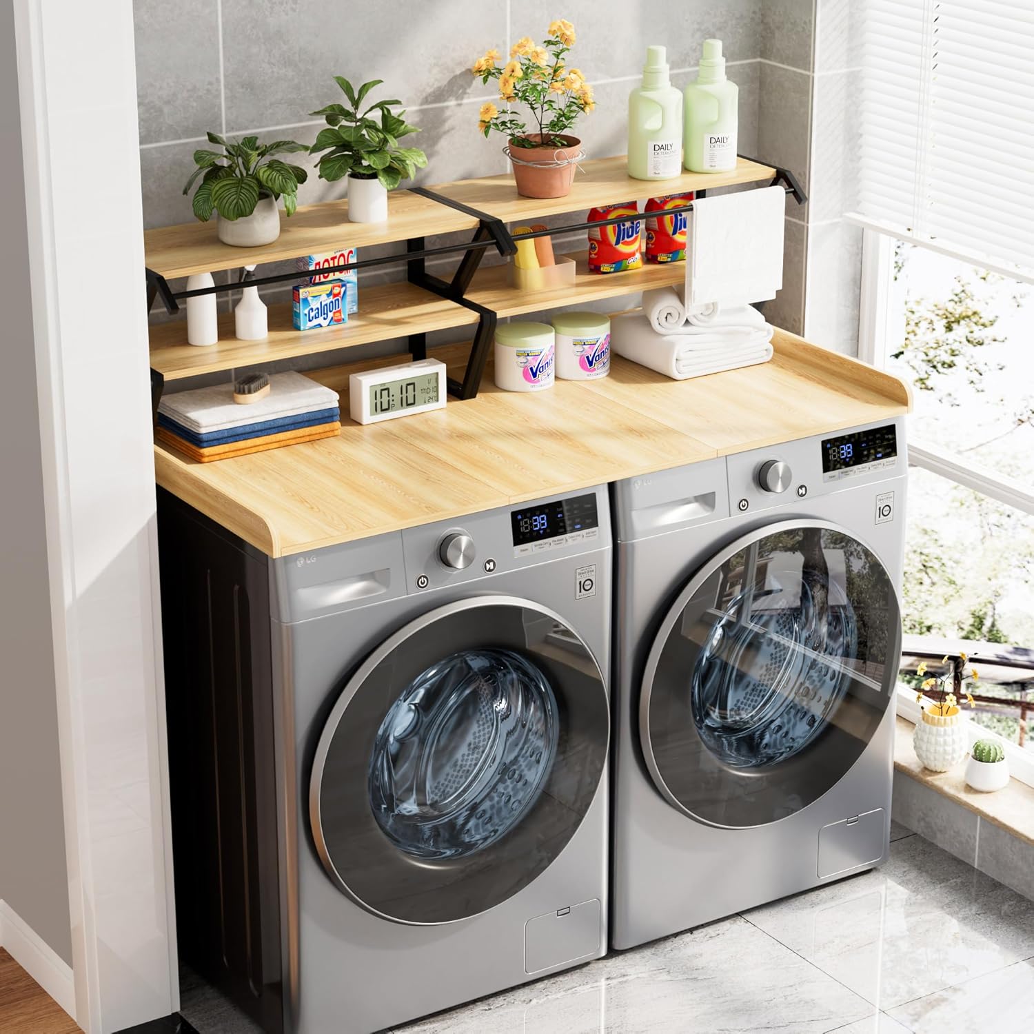 Set Washer Dryer Countertop with Hanging Rod, Laundry Countertop with Wall Shelf for Laundry Room Organization, Washer Dryer Topper with Anti-Slip Pads and Raised Edges Oak