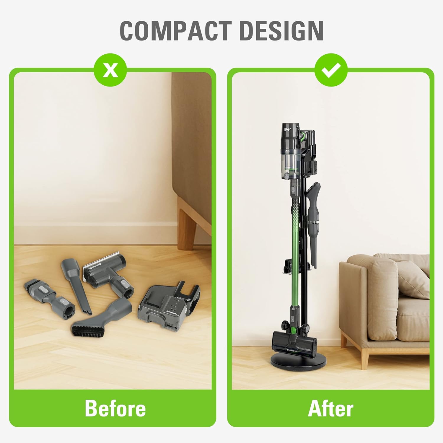 Greenworks Stick Vacuum Foldable Stand for Charger (Black), Works with Greenworks 24V Stick Vacuums (SVW24L411, SVG24L411, ‎SVW24L410, ‎SVG24L410)