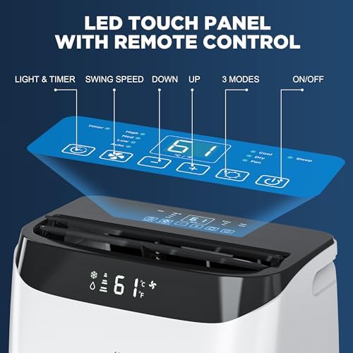 12,000 BTU Portable Air Conditioner Cools Up to 500 Sq.Ft, 3-IN-1 Energy Efficient Portable AC Unit with Remote Control & Installation Kits for Large Room, Campervan, Office, Temporary Space