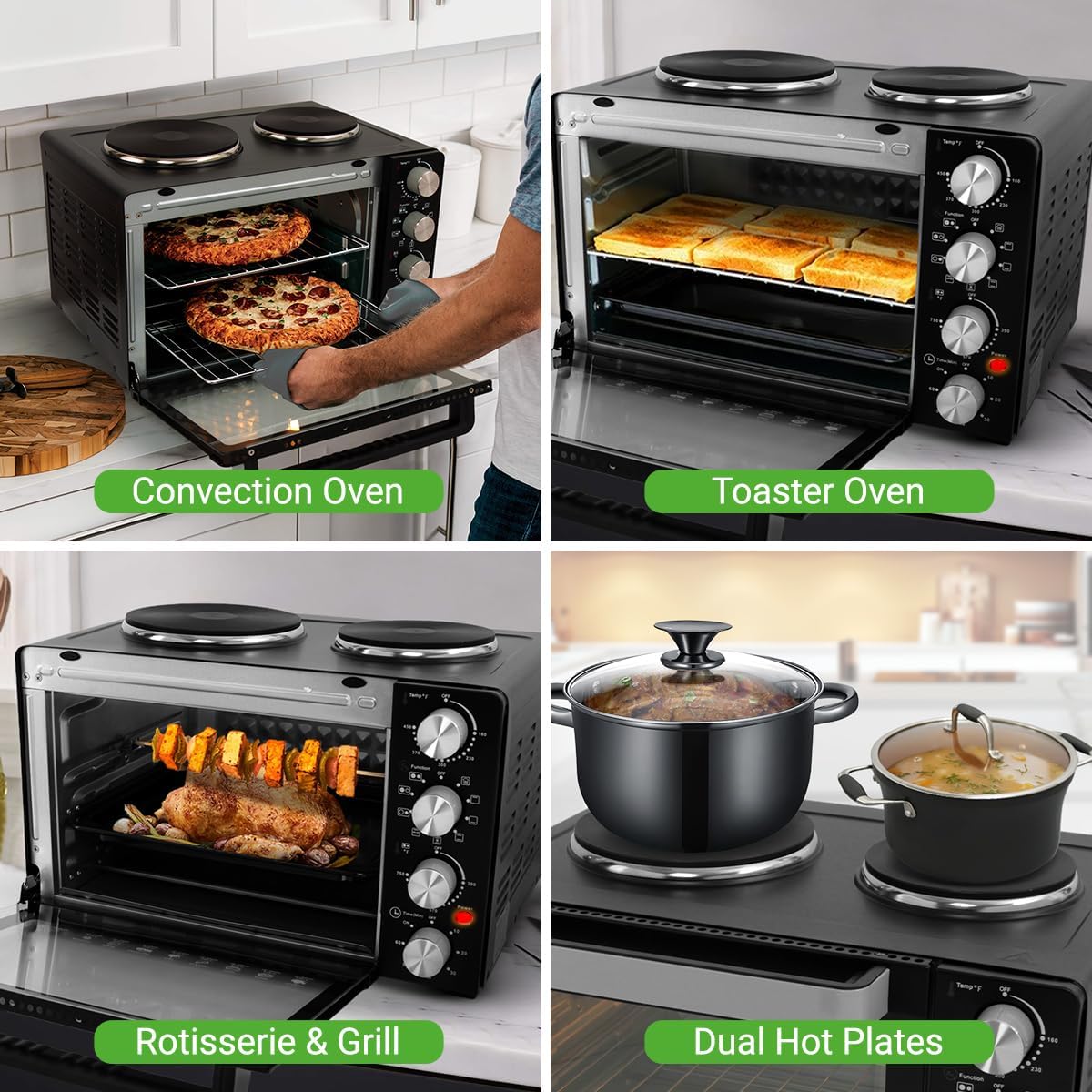 NutriChef 30 Quart Kitchen Convection Oven & 2 Burner Cooker - 1500 Watt Oven - 7 Cook Functions Rotisserie, Cook, Bake, Broil & More - Includes Baking Tray, Skewers & Handles - 19.6 x 16.0 x 13.5 IN