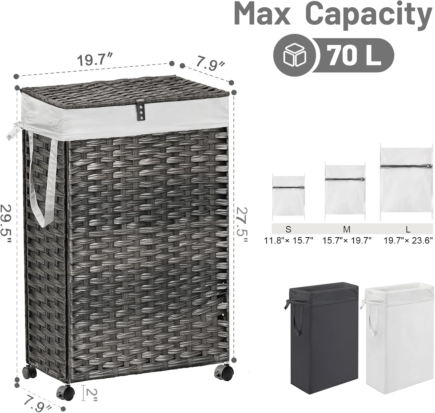 70L Slim Laundry Hamper with Lid & Wheels, 2-Park Rolling Laundry Basket with 4 Removable Liner Bags & 3 Mesh Bags, Narrow Dirty Clothes Basket, Foldable Handwoven Rattan Laundry Sorter, Grey