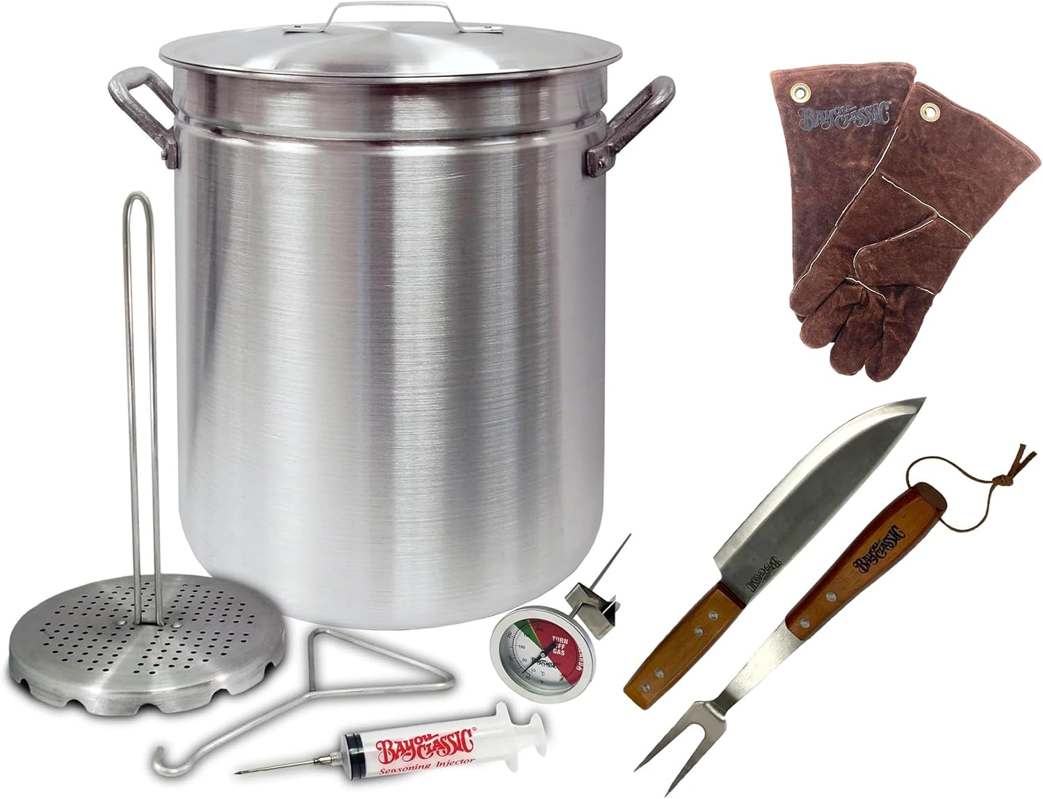 Turkey Fryer 42 Quart Grand Gobbler Aluminum Oversized Stockpot Poultry Rack Hook Thermometer Injector Fork Knife Pair of Fry Gloves Perfect For Large to X Large Turkeys