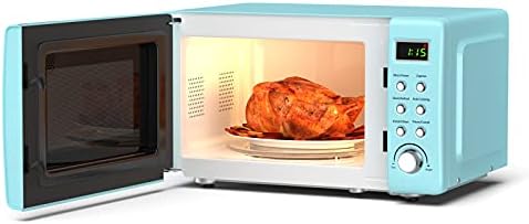 SIMOE Small Microwave Oven, 0.7 Cu Ft 700W Countertop Retro Microwave with 8 Auto-cooking Set & Defrost, Child Lock, Compact Microwave w/10 Inch Removable Turntable, Timer, 5 Micro Power, LED Lighting