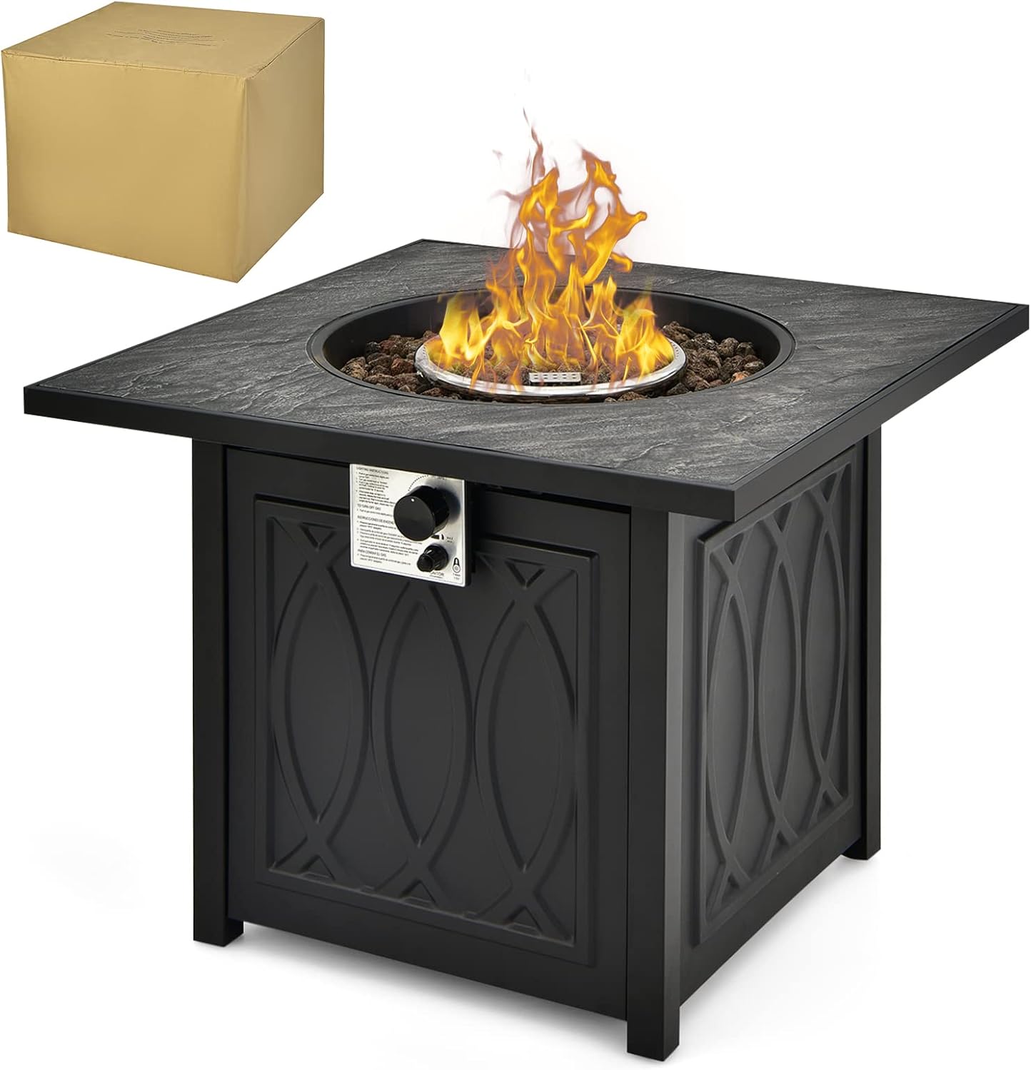 Tangkula 32 Inches Gas Fire Pit Table, 50,000 BTU Square Propane Firepit with High-Temp Resistant Tabletop, Adjustable Flame Lava Rocks and Waterproof Cover, Outdoor Fire Pit Table (Black)