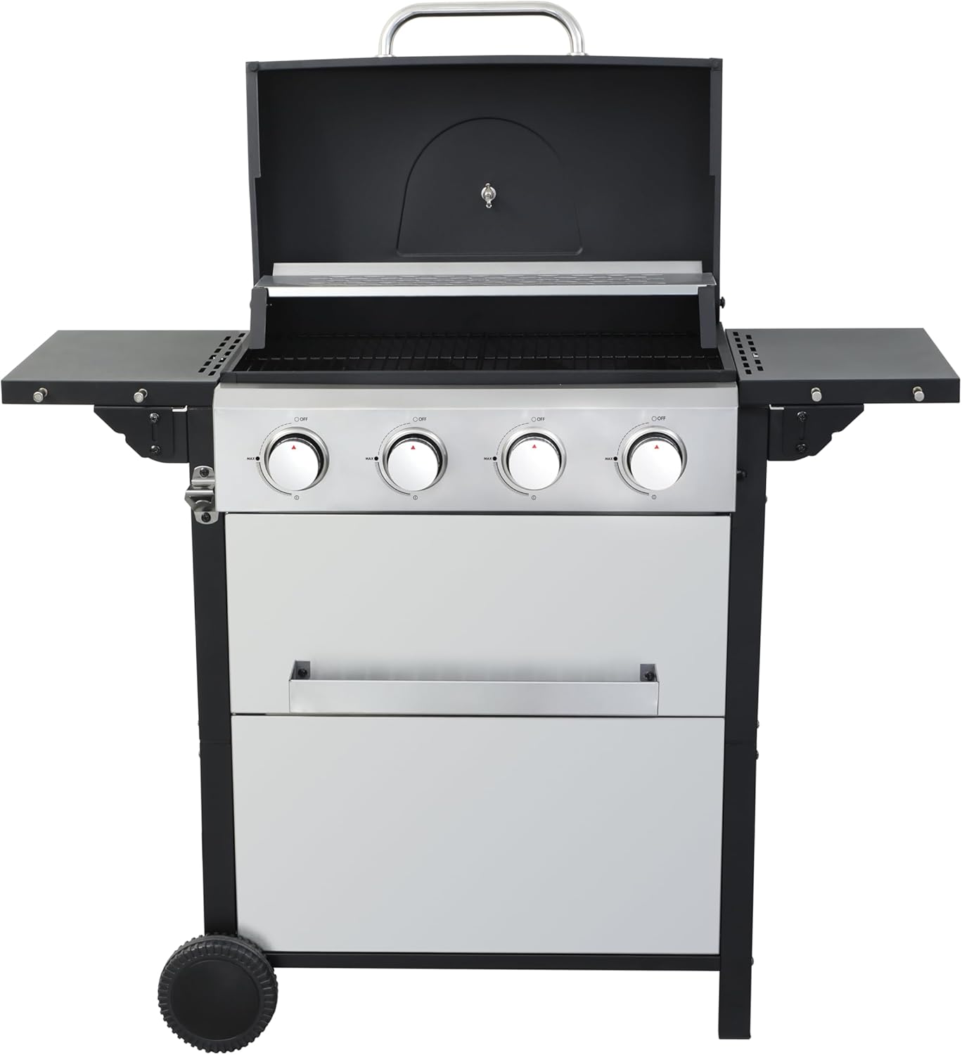 Propane Gas BBQ Grill, Propane Grill with Side Shelves and Wheels 34200BTU Output Barbecue Cooking Grate with 4 Hooks for Kitchen Patio Backyard (4 Burner)