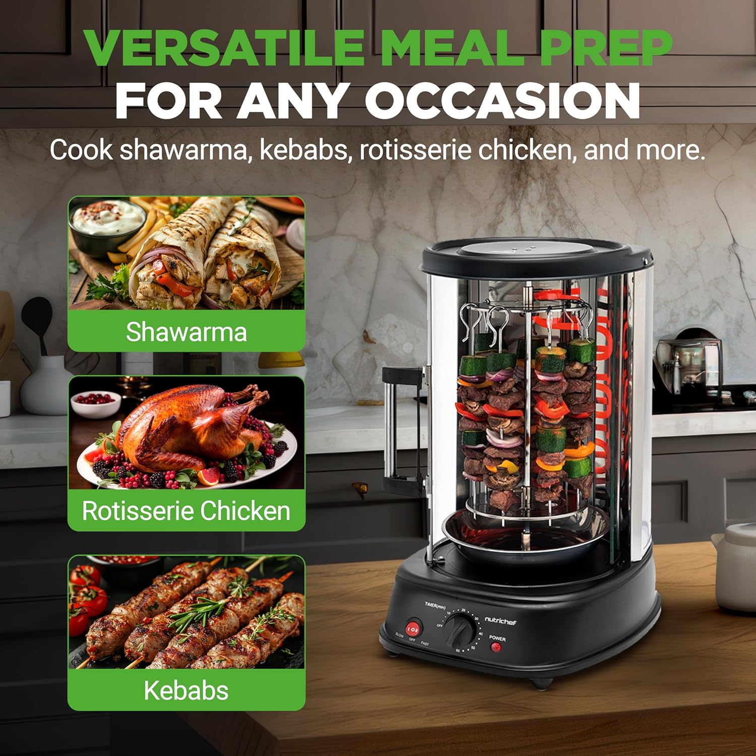 NutriChef Vertical Rotating Shawarma Oven - Rotisserie, Shawarma, & Kebab Machine - Stain-Resistant, Energy-Efficient - Heat-Resistant Door - Includes Kebab Rack with 7 Skewers - Stainless Steel