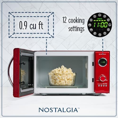 Nostalgia RMO4RR Retro Large 0.9 cu ft, 800-Watt Countertop Microwave Oven, 12 Pre-Programmed Cooking Settings, Digital Clock, Easy Clean Interior, Metallic Red