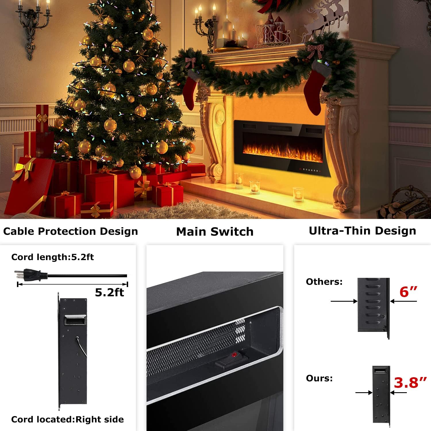 Vitesse 60 Inch Ultra Thin Electric Fireplace-Narrow Bezel Linear Fireplace Heater Recessed Wall Mounted, Remote and Screen Control, 8H Sleep Timer, Low Noise, 750/1500W for Living Room, Bedroom