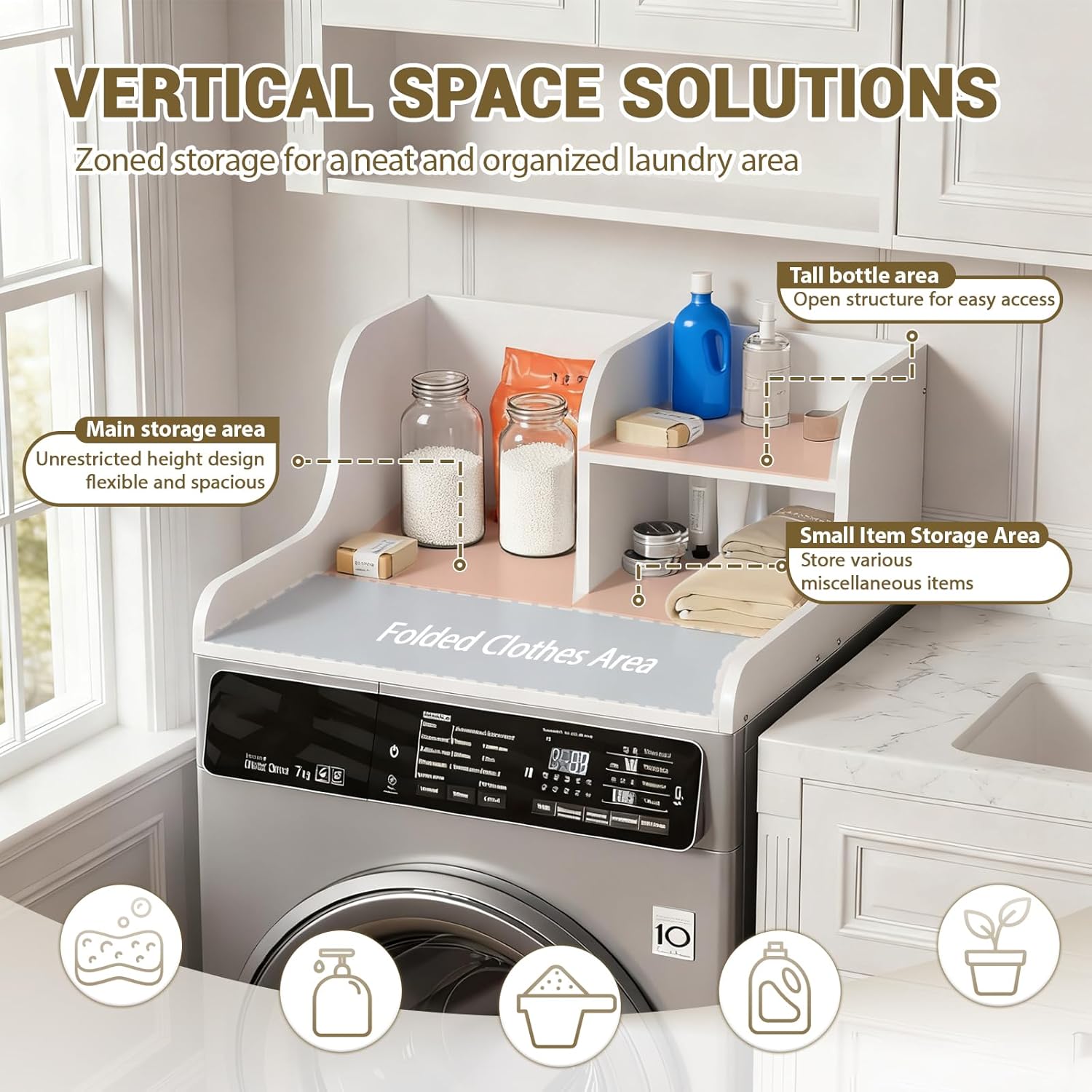 Washer Dryer Countertop, Wooden Laundry Counter, with Edge Rails for Laundry Room Storage and Organization