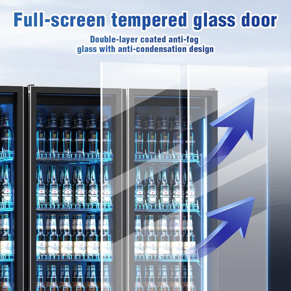 Drink Fridge Beverage Befrigerator,With Four Glass Doors Stainless Steel Commercial Back Bar Fridge With LED Lighting,Counter Height Bar Beverage Cooler for Beer,Soda Drinks,Wine