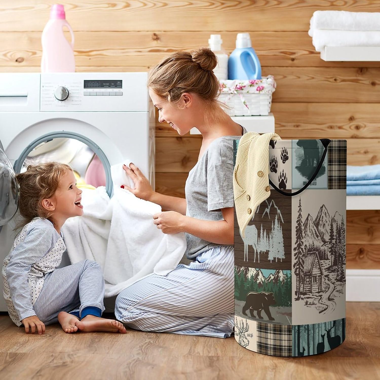 Rustic Hunting Theme Plaid Bear Laundry Hamper Dirty Clothes,Cabin Forest Cabin Animal Bear Elk Deer Large Laundry Basket Storage Basket For Bathroom 15.7W