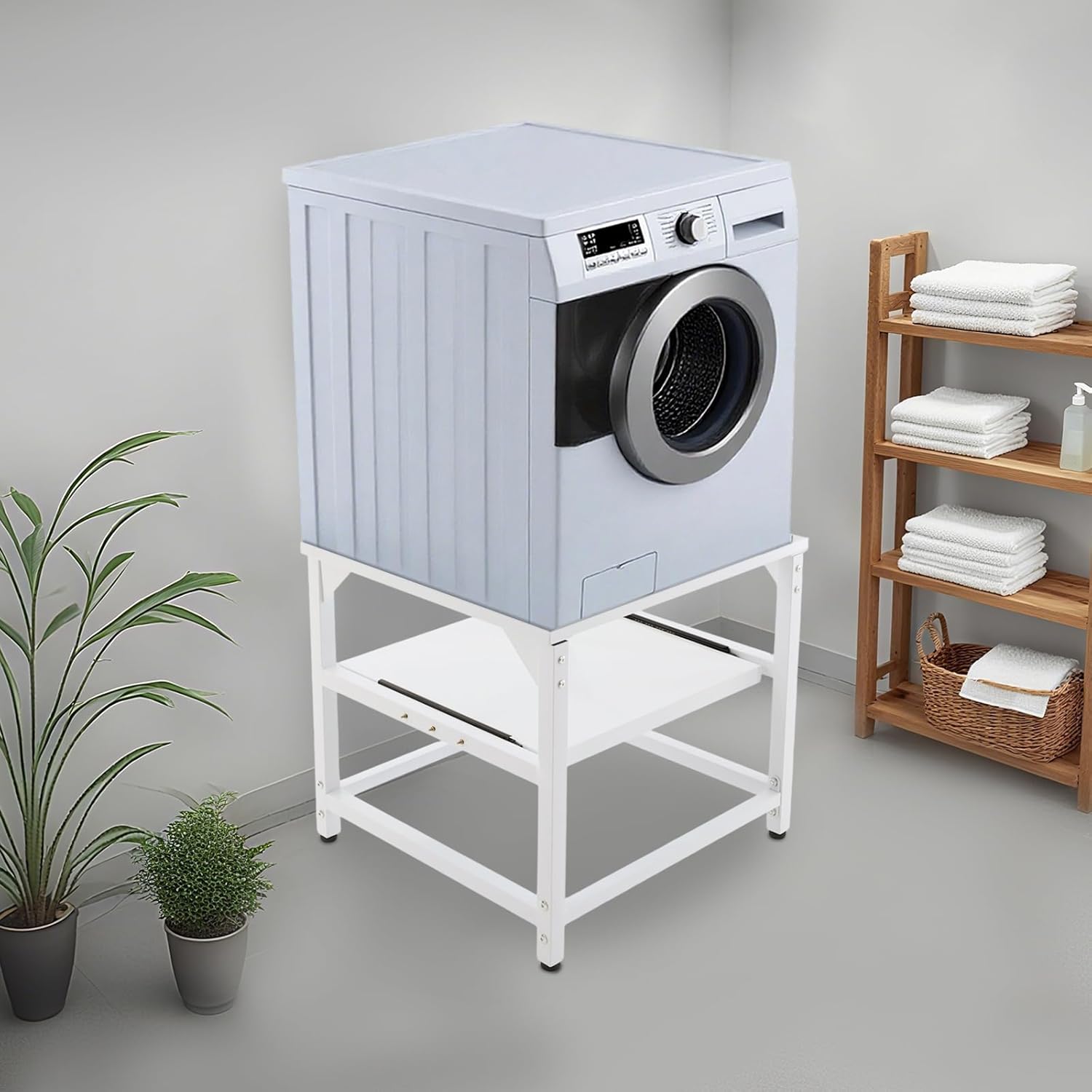 Washer and Dryer Pedestal Stand 27” Heavy Duty Laundry Stand with Shelf Washer Base Stand Washing Machine Pedestal with Storage, Universal Fit, 800 LBS Capacity (White)
