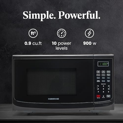 Farberware 0.9 Cu. Ft. Countertop Microwave Oven – 900 Watts Power, Auto Cook Settings, Defrost, Easy Clean and Child Safety Lock - Black