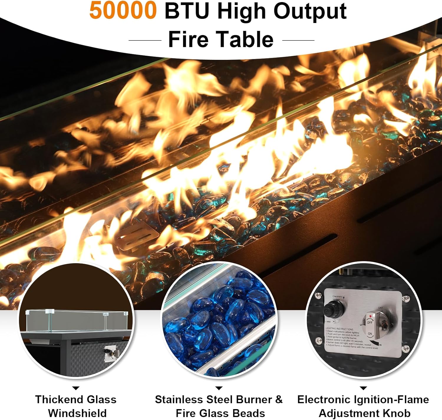 JOIVI 7 Pieces Outdoor Patio Furniture Set with 45” 50000BTU Fire Pit Table, Rattan Patio Conversation Set with Coffee Table, L-Shaped Sectional Sofa and Propane Fire Pit Set, Navy Blue