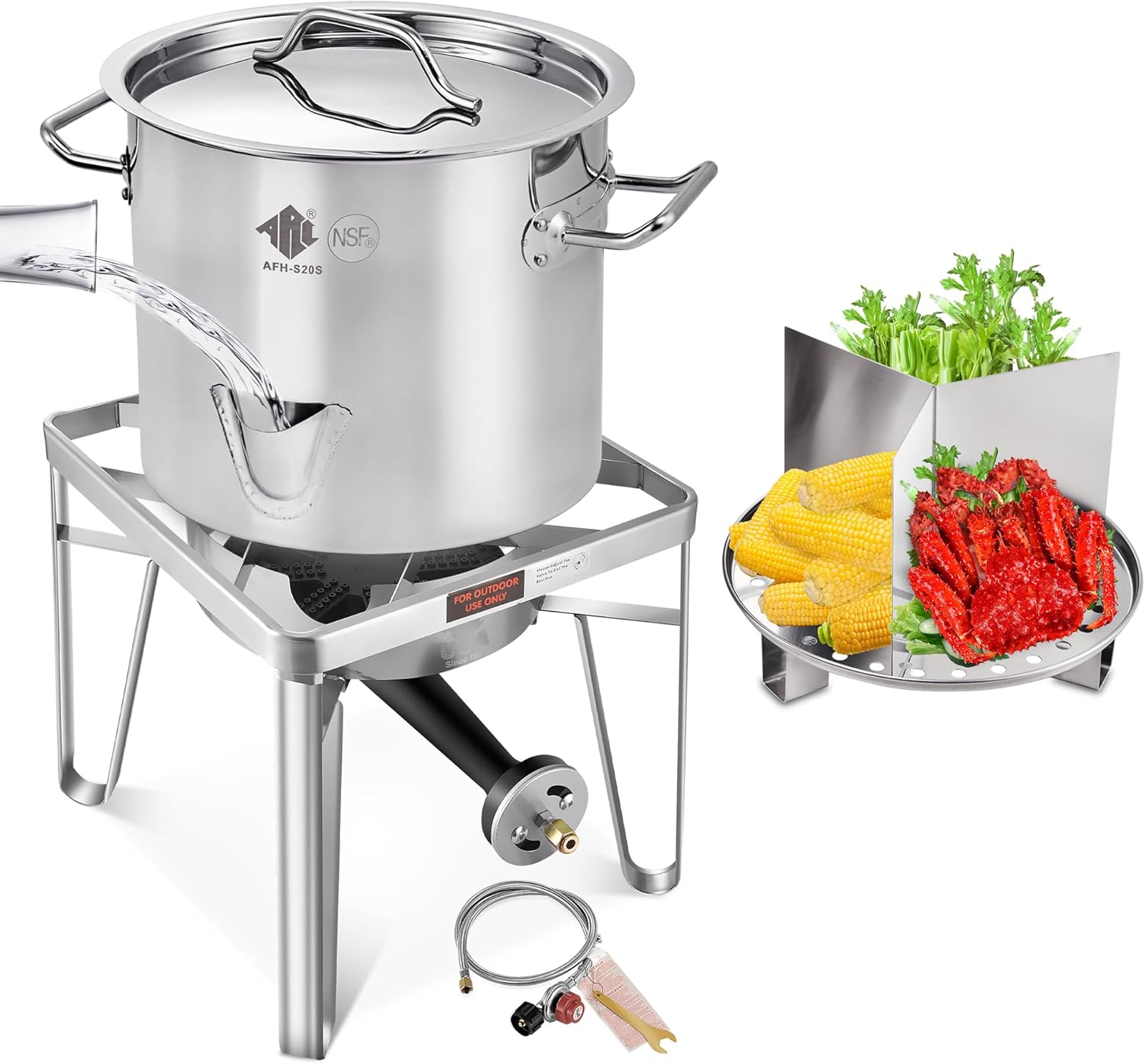 Stainless Steel Steamer Pot with Propane Burner for Outdoor Cooking - Large Pot with Water Spout, Divider and Steamer Rack (52QT)