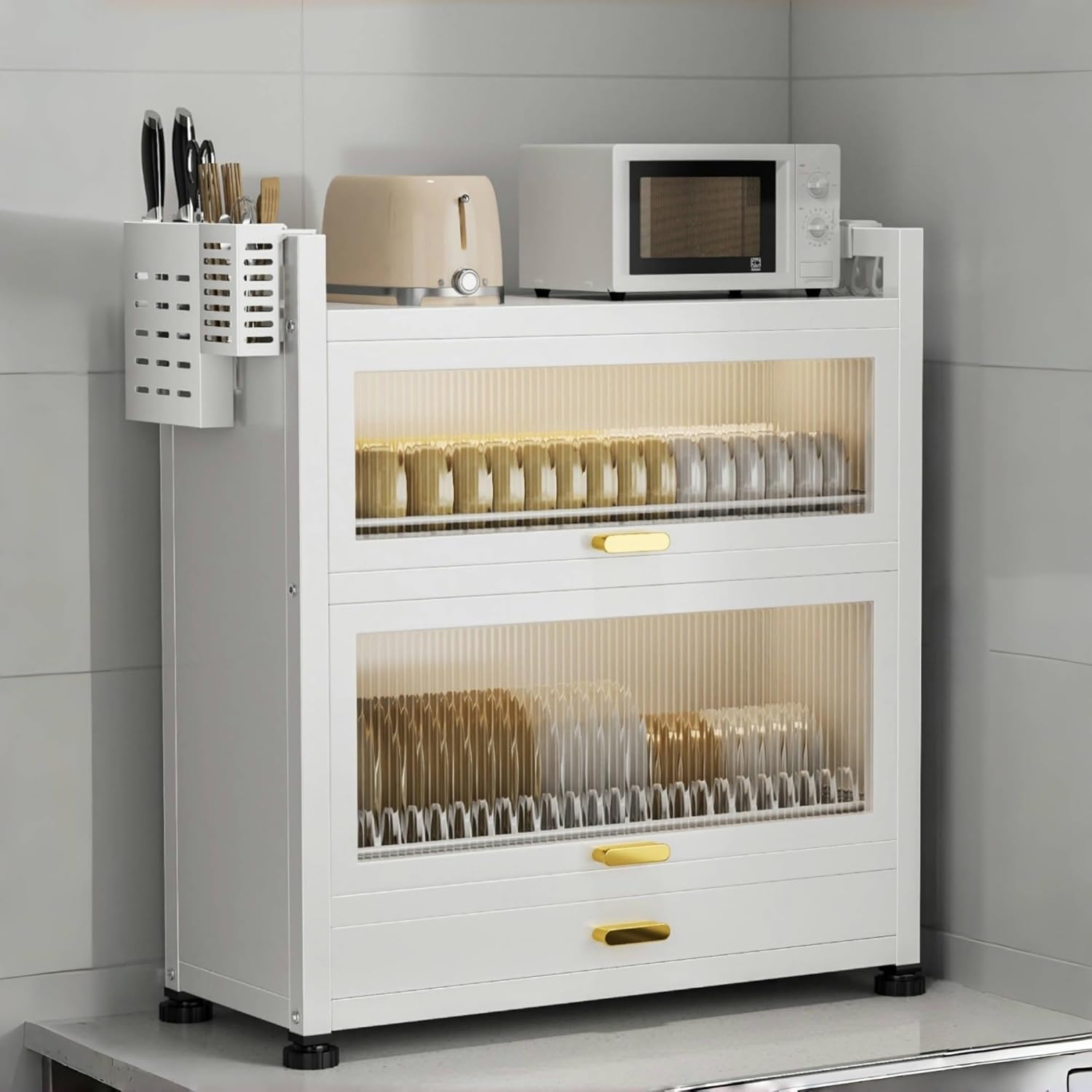 Kitchen Countertop Dish Cabinet with Drawers, Countertop Pantry with Drain Trays and Doors, Multifunctional Microwave Oven Rack, Space-Saving Dish Organizer for Dining room(White,17.7''x11.4''x28'')