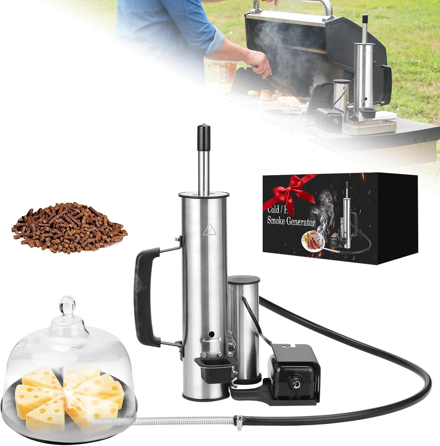 Electric Smoker Generator, Stainless Steel Smoke Tube for Pellet Smoker, Cold Smoke with Adjustable Smoke Volume Air Pump, Smokers to Gas and Pellet Grill, for Cheese, Salmon, Birthday Gifts for Men
