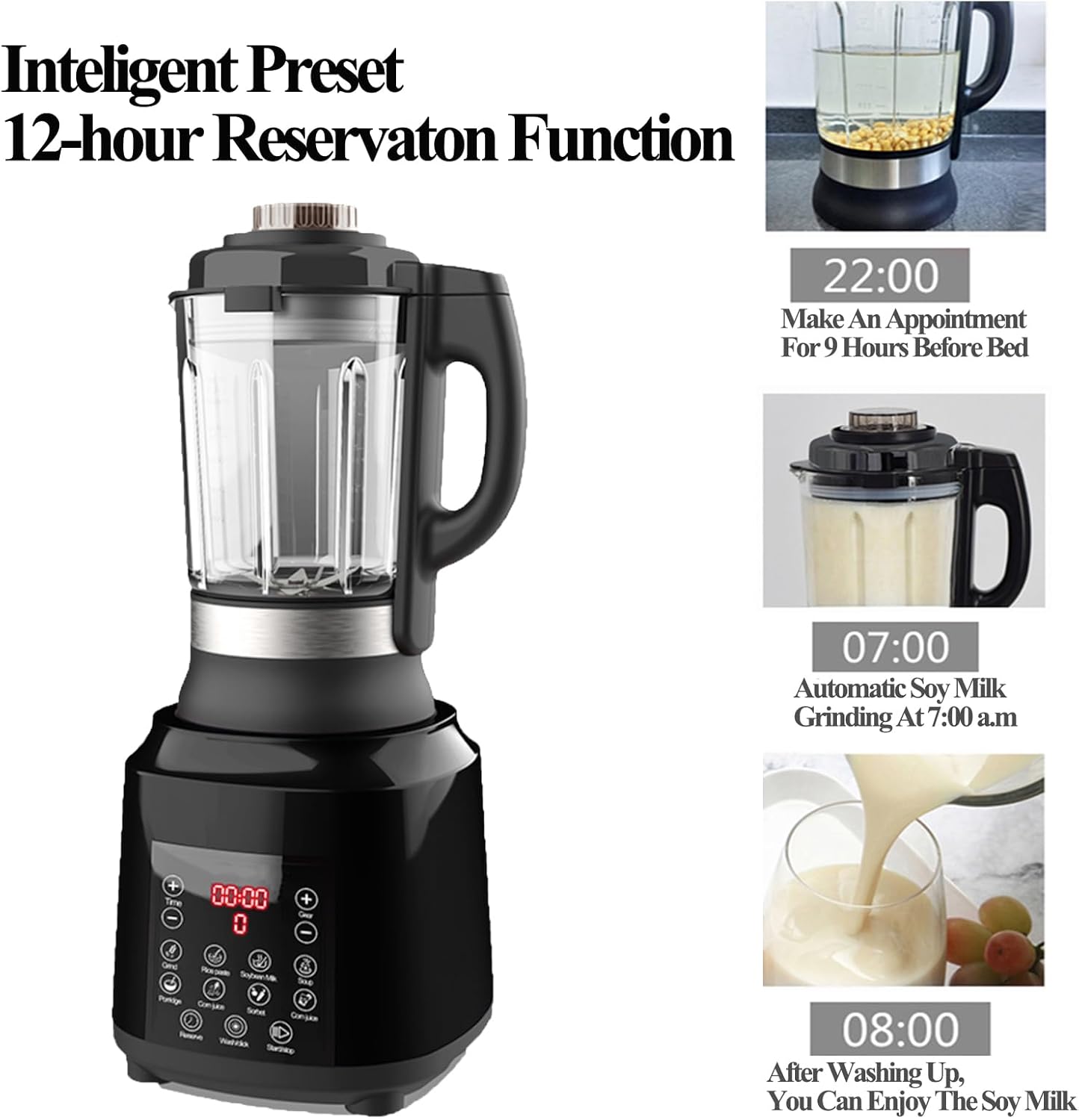 Countertop Food Blender,Hot Soup Maker,High-Speed Kitchen Food Processor with 9 One Touch Programs,12H Preset,Self-Cleaning,Crushing,Mixing,Juices,Pureeing,Grinding,Chopping,Auto-shutoff, 60OZ, 1200W