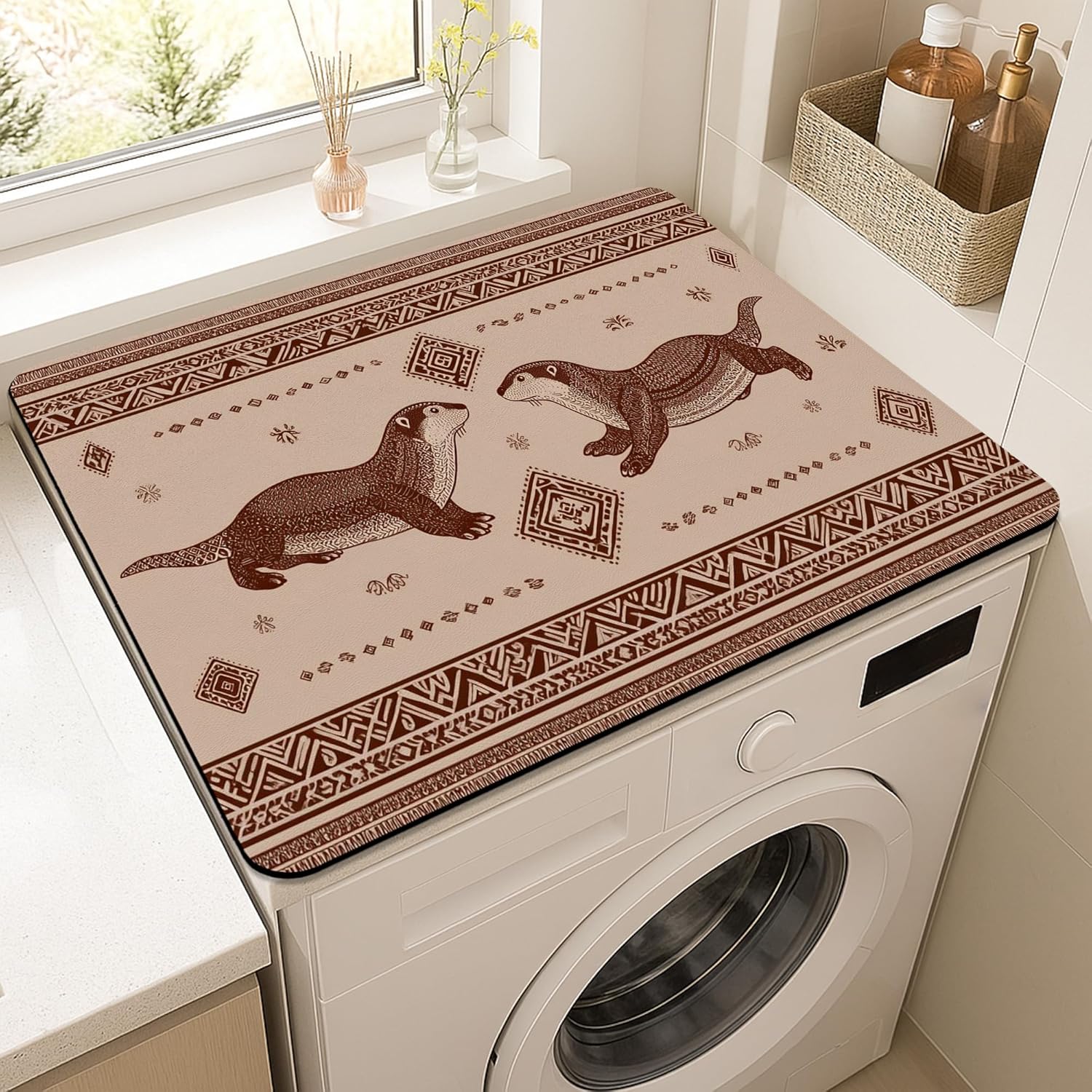 Otter Washer Dryer Top Protector Mat, Vintage Animal Patterned Laundry Machine Dust Covers, Rustic Rubber Anti-slip Waterproof Washer And Dryer Mats for Home 20x24 Inch
