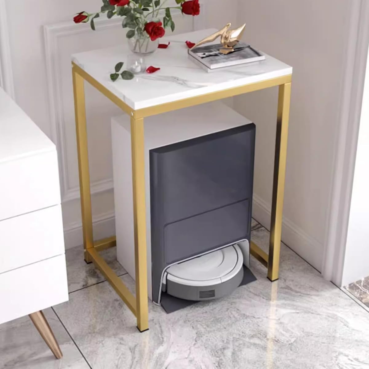 Robot Cabinet with Acrylic Doors Robotic Vacuum Cleaner, Robot Vacuum Hidden Cabinet Accent Side Tables for Living Room, Bedroom, Bathroom, Balcony, Save Space(Natural)