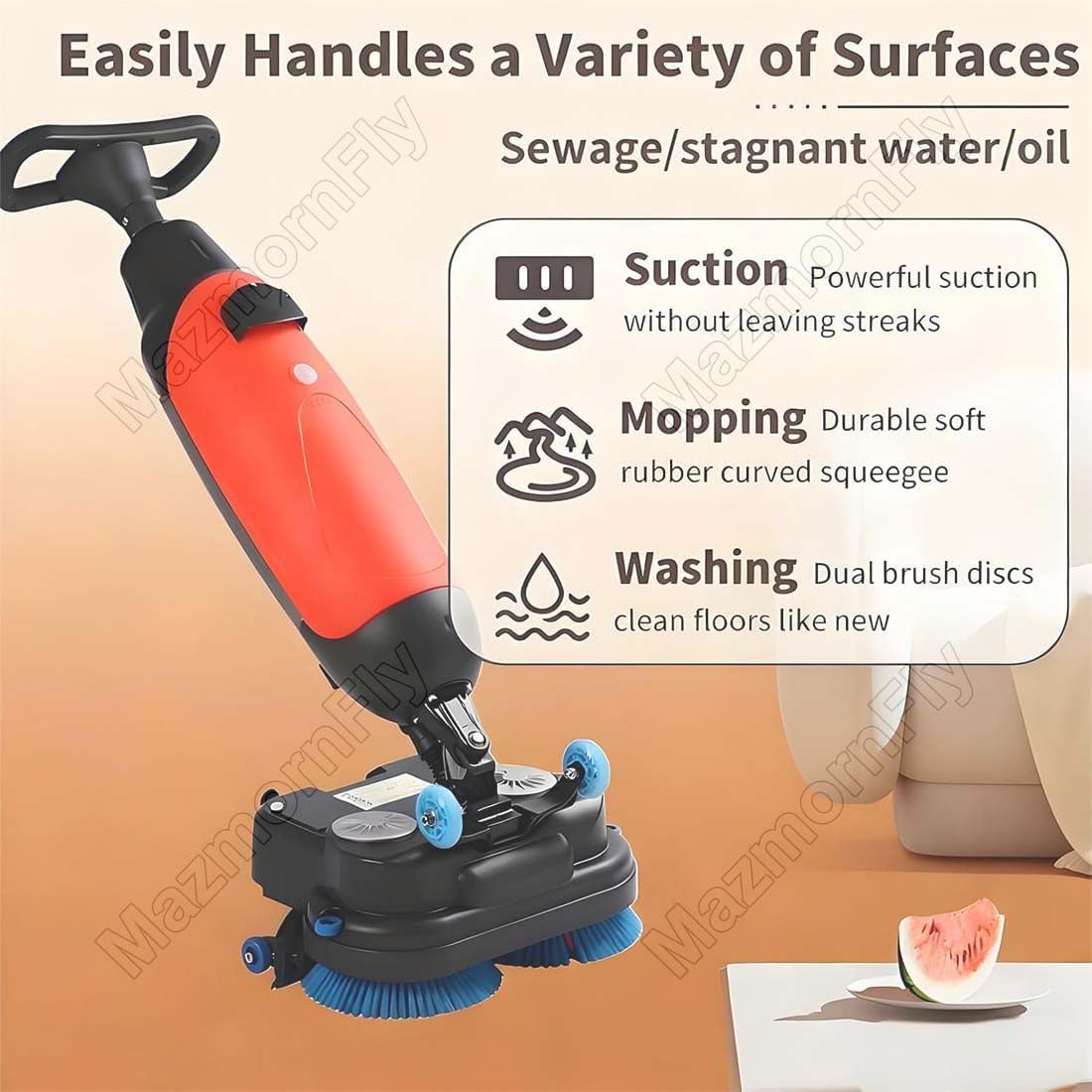 Professional Floor Scrubber, Electric Carpet Spin Cleaner Polisher Buffer, 43 cm Cleaning Width, 1200 m²/h Cleaning Capacity, 240 RPM Deep Cleaning, Dual Brushes Red