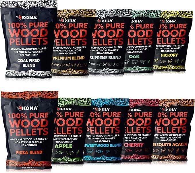 Variety Wood Smoker Pellets - Premium, 8 Bag Variety Pack (1 lb), Pizza Blend (2 lbs), & Coal Fired Pellets (2 lbs) - for Grills, Smokers, & Pizza Ovens