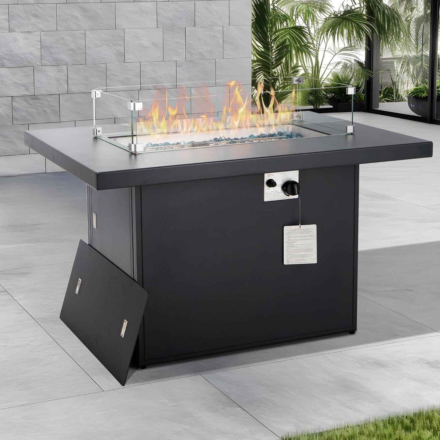 NICESOUL 43'' Aluminum Fire Pit Table, 60,000 BTU Propane/Natural Gas Outdoor Firepit with Wind Guard & Glass Rocks, All-Weather Rectangular Fireplace for Outside Patio CSA-Certified, Ember Black
