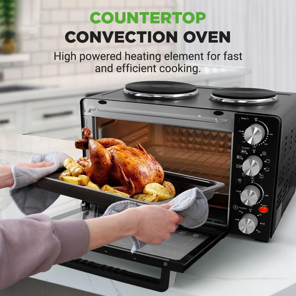 NutriChef 30 Quart Kitchen Convection Oven & 2 Burner Cooker - 1500 Watt Oven - 7 Cook Functions Rotisserie, Cook, Bake, Broil & More - Includes Baking Tray, Skewers & Handles - 19.6 x 16.0 x 13.5 IN