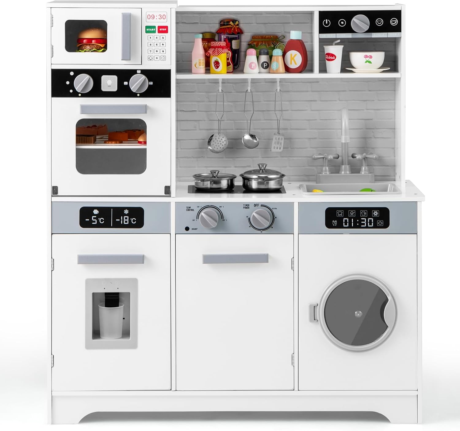 Costzon Kids Kitchen Playset, Wooden Toddler Play Set w/Real Lights & Sounds, Sink, Faucet, Water Dispenser, Microwave, Oven, Washing Machine, Little Chef Pretend Play Kitchen for Kids Ages 3+(White)