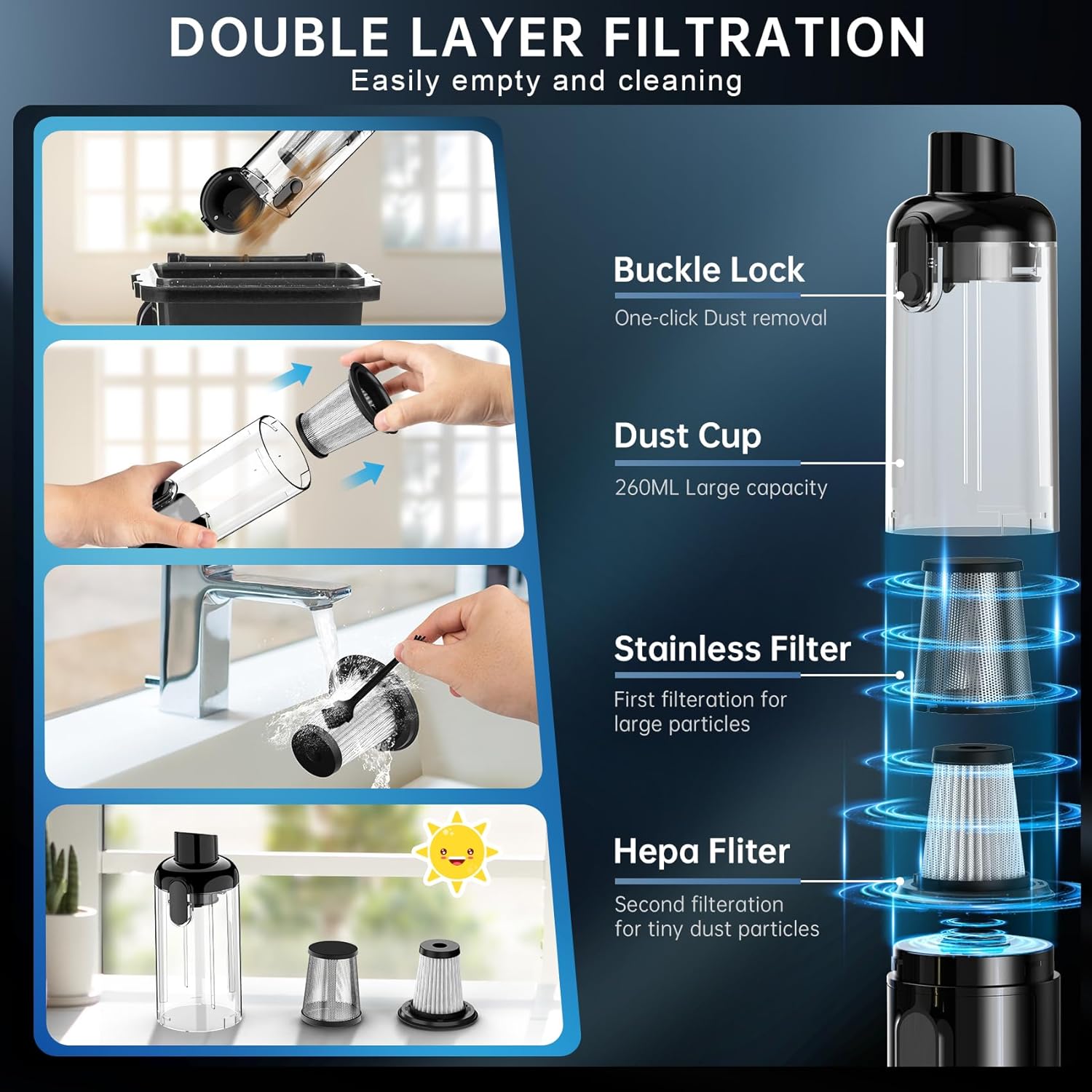 Handheld Vacuum Cordless, Home and Car Vacuum Cleaner with Long Battery Life,16000Pa Powerful Suction, Lightweight at 1.3 lbs, Multi-Nozzles and Washable Filter